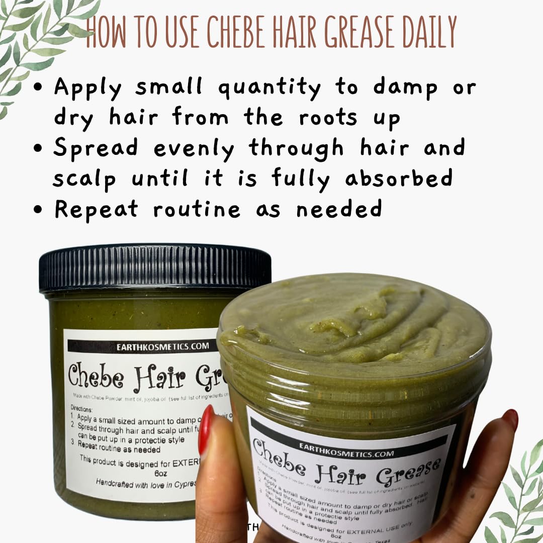 Chebe Grease stimulates Hair Follicles for Growth and Reverses Bald Spots. It contains Chebe Powder, Karkar Oil plus Potent Herbs and Oils (Neem, Moringa, Fenugreek, Rosemary, etc.) 6.05 Oz