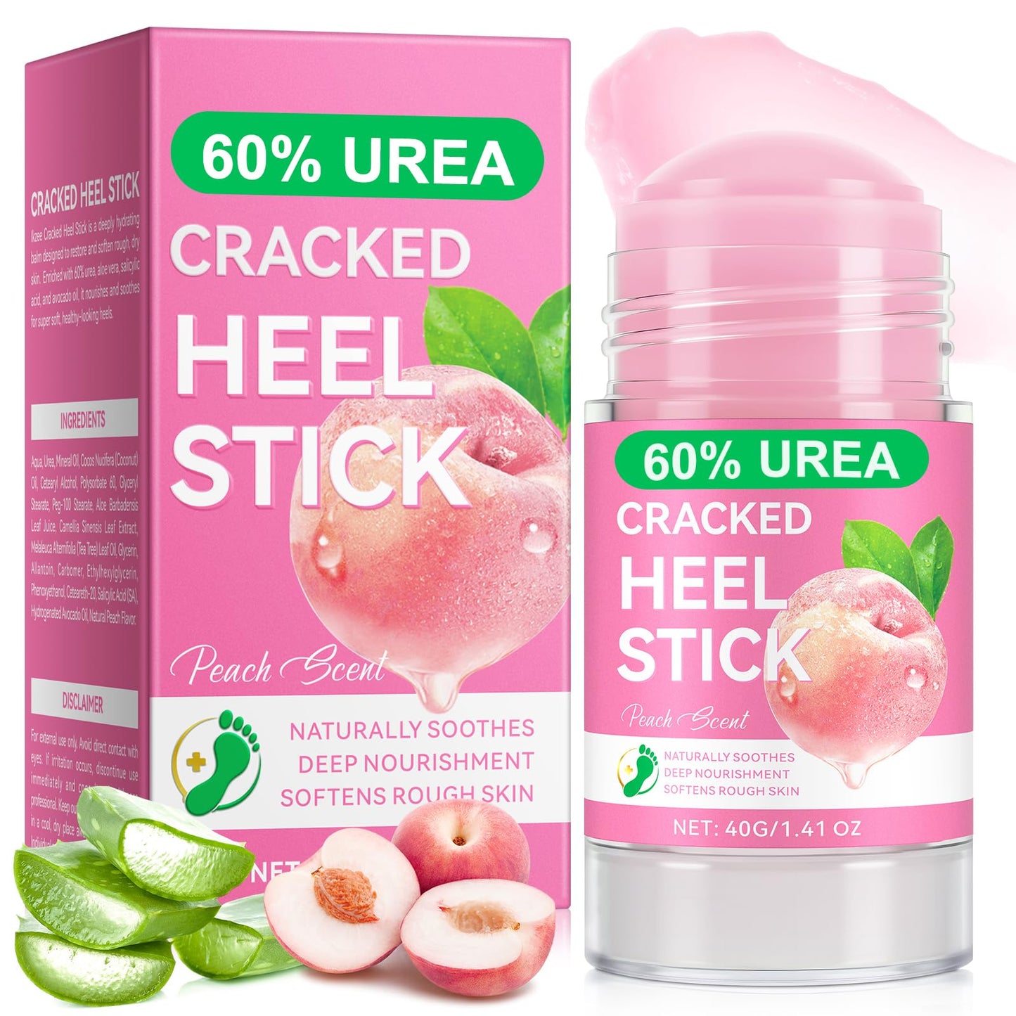 Urea Cream 60% Plus Salicylic Acid 2% Intensive Foot Repair Balm Stick for Dry Cracked/Chapped Heel/Hands Intensively Moisturization, Callus Removal/Softening/Soothing-Peach Scent|1.41 Oz/40 G