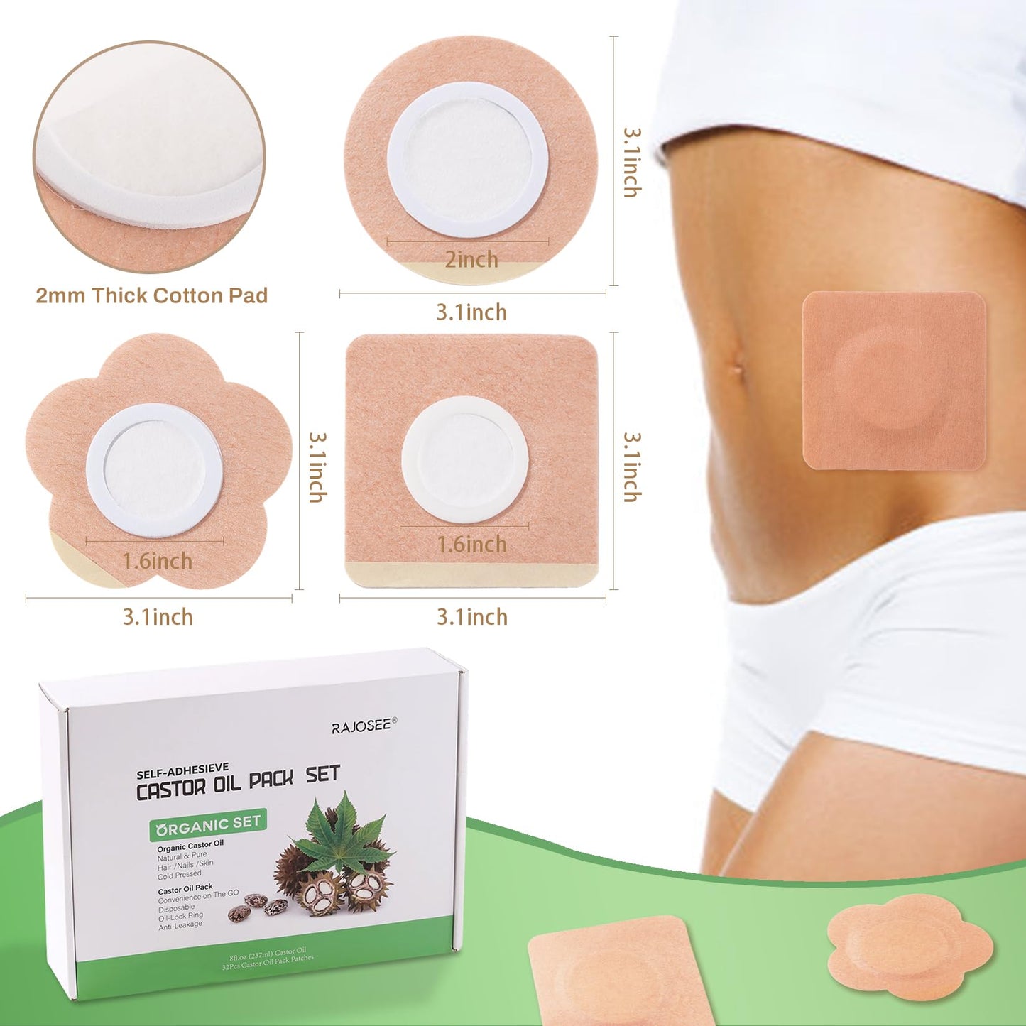 Castor Oil Pack Wrap for Belly Button with 4oz Organic Castor Oil in Glass Bottle, Highly Absorbent Cotton Belly Button Patches Self Adhesive (60pcs belly pack with oil)