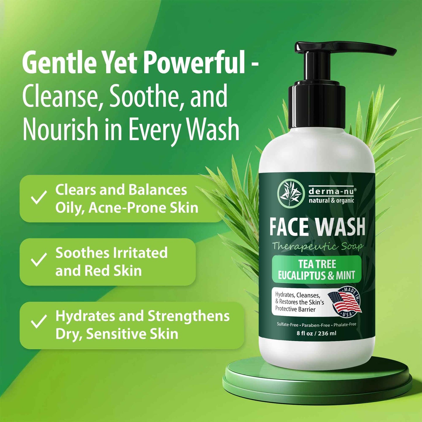 Gentle Face Wash for Men & Women – Hydrating Facial Cleanser for Eczema, Psoriasis & Sensitive Skin – Fights Redness, Oil & Breakouts – pH-Balanced & Perfect for Oily, Blemish-Prone Skin – 8oz