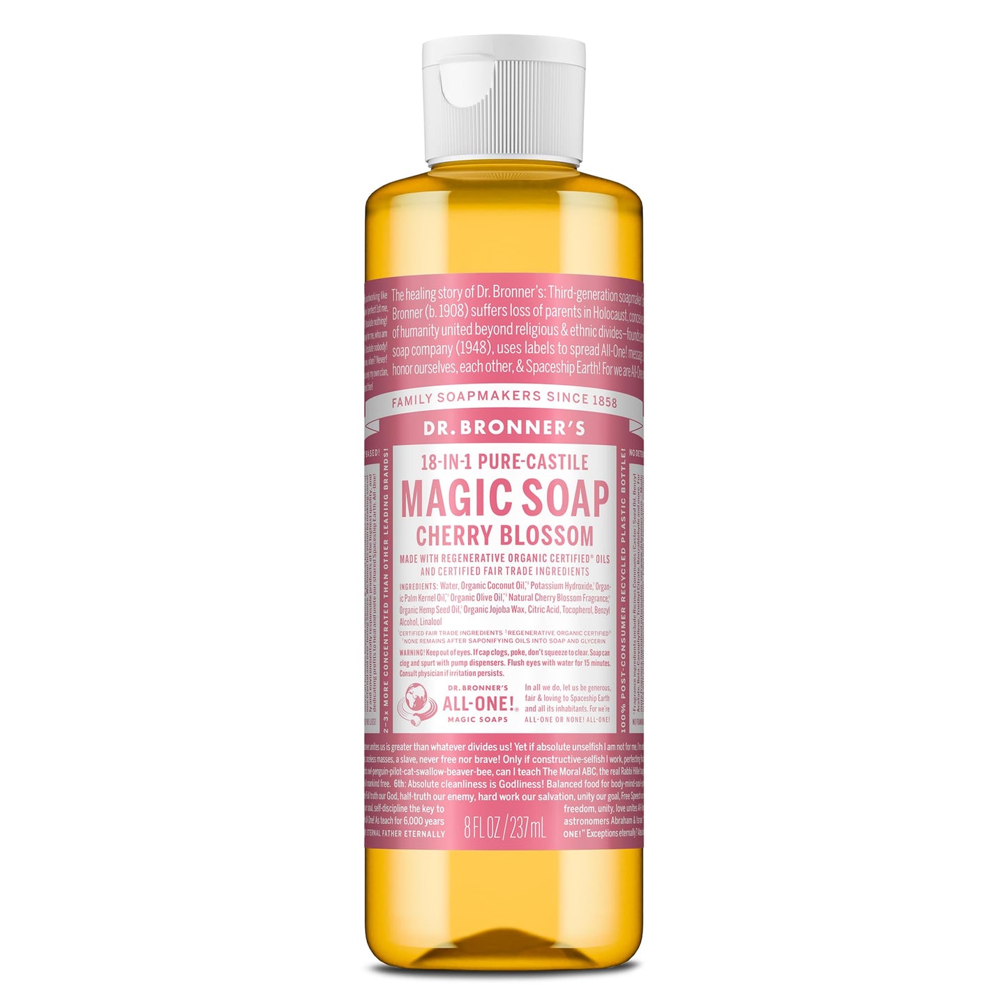Dr. Bronner's Pure-Castile Magic Liquid Soap (Cherry Blossom, 8 Ounce) - Made with Regenerative Organic Certified Oils, 18-in1 Uses: Face, Hair, Hand & Body Soap, Laundry, Pets- Concentrated, Vegan