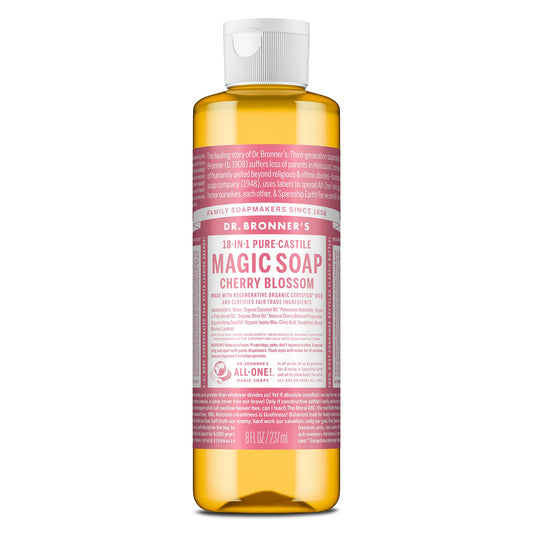 Dr. Bronner's Pure-Castile Magic Liquid Soap (Cherry Blossom, 8 Ounce) - Made with Regenerative Organic Certified Oils, 18-in1 Uses: Face, Hair, Hand & Body Soap, Laundry, Pets- Concentrated, Vegan
