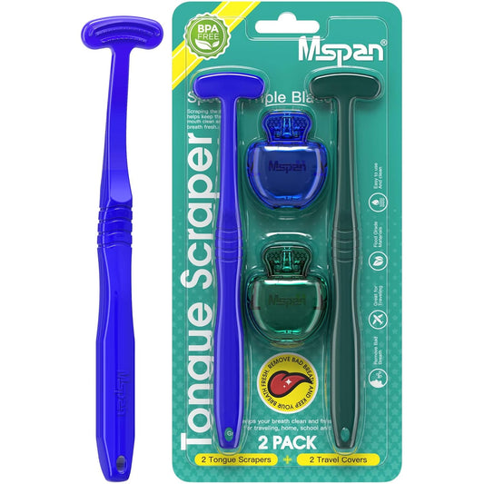 Mspan Tongue Scraper Cleaner Brush: Tongue Care Cleaning Scrubber with Plastic Travel Case Cover for Adults kids - Clean Oral Bad Breath Pink White 2 Pack