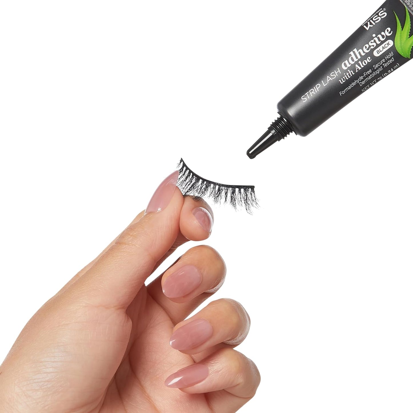 KISS Black Strip Lash Adhesive with Aloe, Dermatologist Tested, Formaldehyde Free, Non-Irritant, Contact Lens Friendly, Secure Hold, Contains Latex, with Control Nozzle Tip, 0.24 Ounce