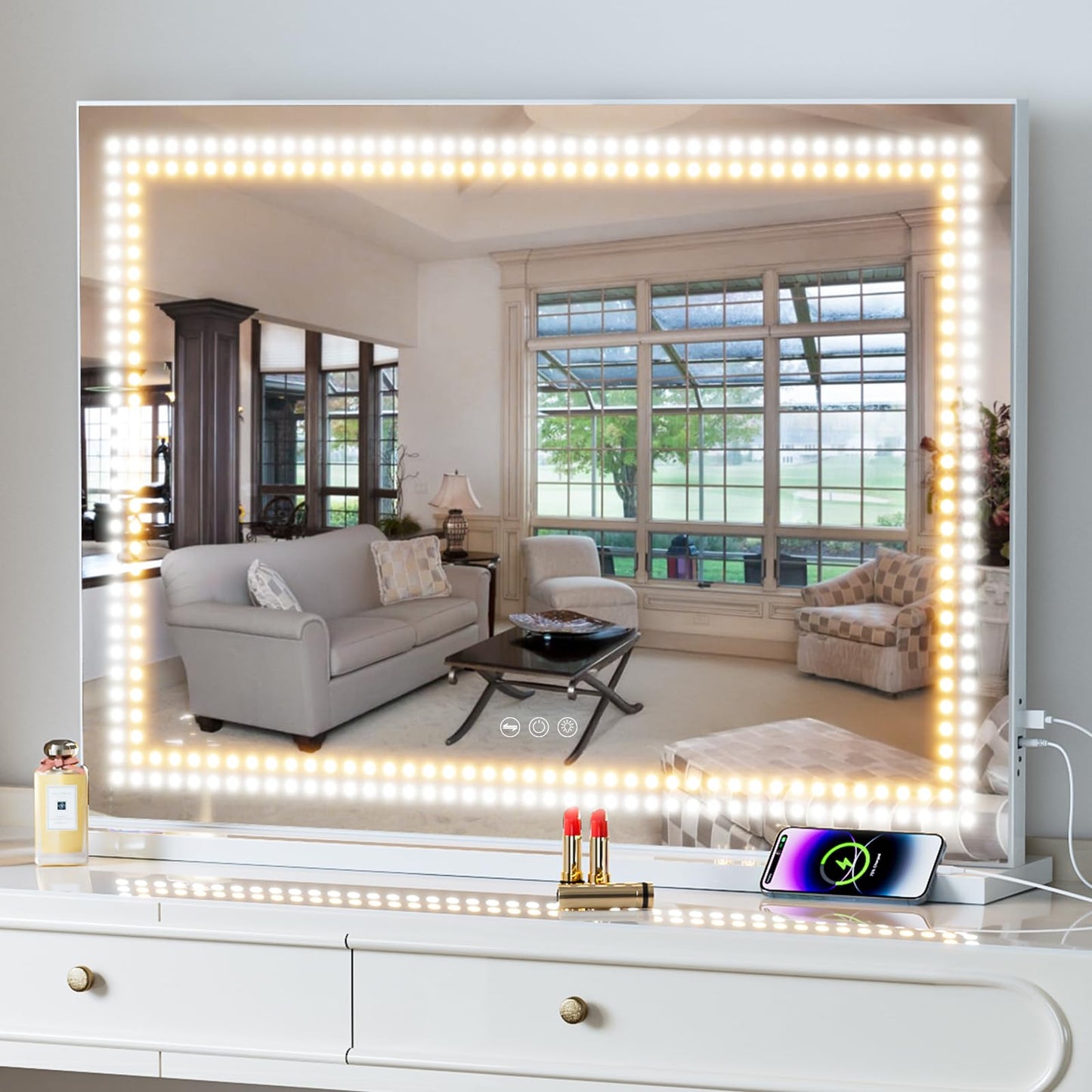 Vanity Mirror with Lights Tempered Glass 22.8" x 18.1" Lighted Makeup Mirror with Light Strip Crushed Crystal 3 Colors Modes Dimmable Lights USB Port and 10X Magnification, White (9.84" x11.81")