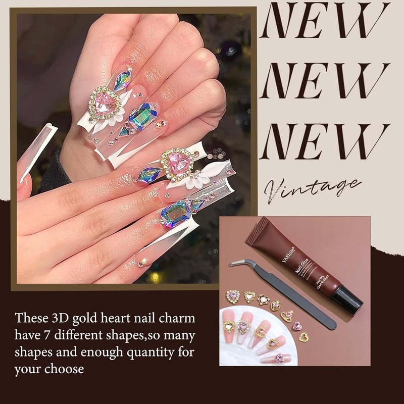 3D Pink Heart Nail Charms Kit - Shiny Gold Nail Gems & Rhinestones | 7 Unique Shapes for DIY Nail Art