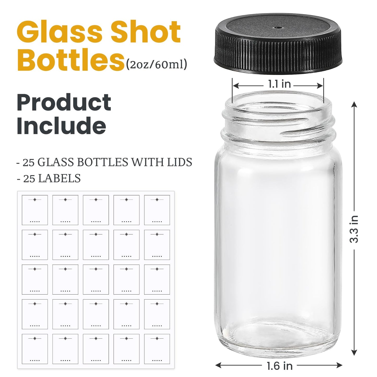 25 Pack 2 oz Glass Shot Bottles w/ Black Lids & 25 Labels - Small Clear Jar for Ginger, Wellness Shot, Juice, Sample, Whiskey - Travel Essentials Mini Bottles - Wide Mouth, Leakproof, Dishwasher Safe