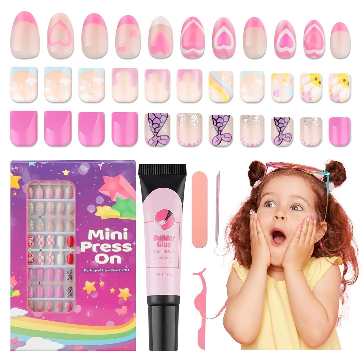 Press On Nails for Kids - Cute Heart & Mermaid Designs | Short Almond Style, 130PCS Set for Ages 8-12 with Adhesive Tabs & Quick-Dry Glue