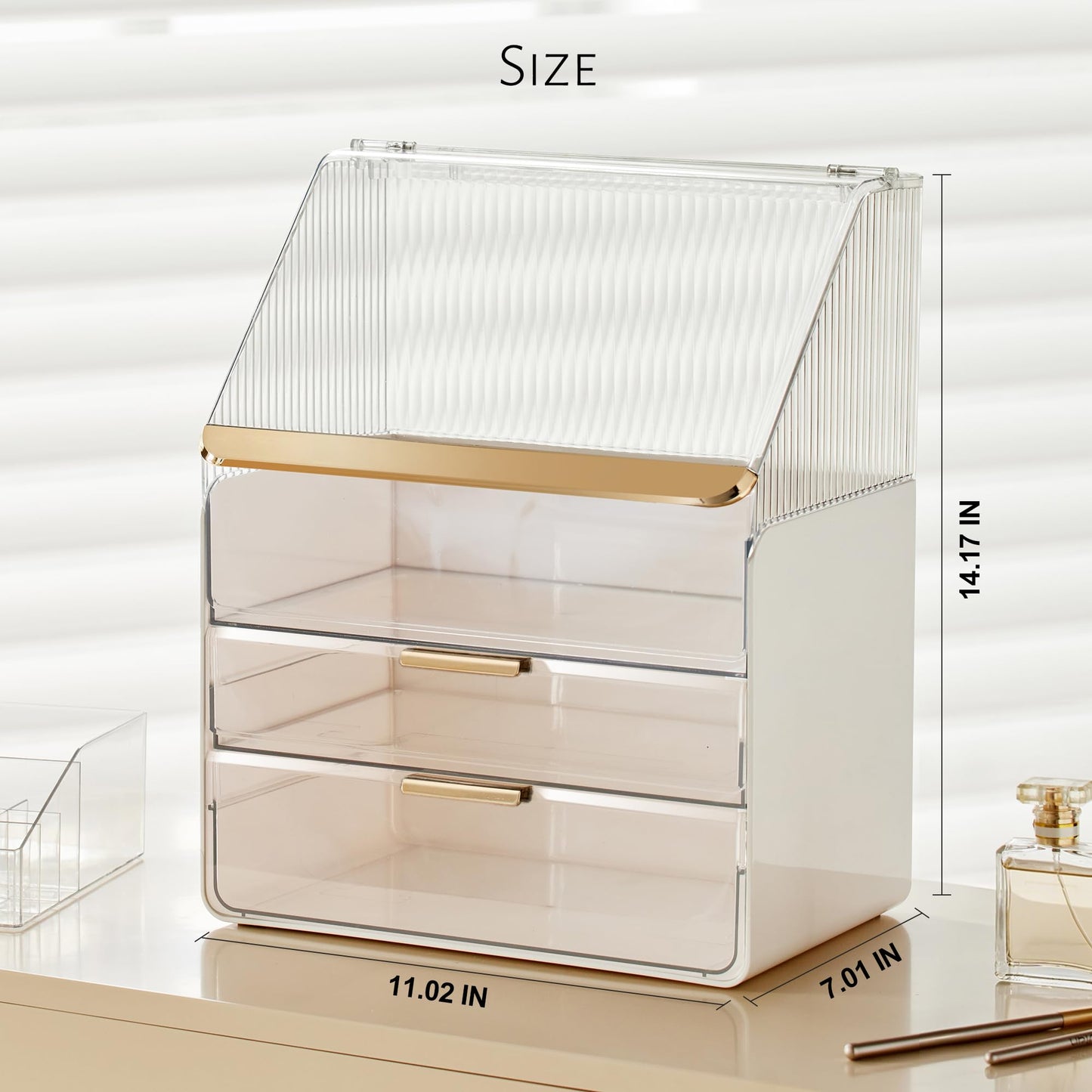 JOYMOOP Makeup Organizer with Transparent Cover, Skincare, Lipstick and Perfume Storage, Cosmetic Organizer, Makeup Box for Bathroom Countertop or Vanity Desk, White & Gold