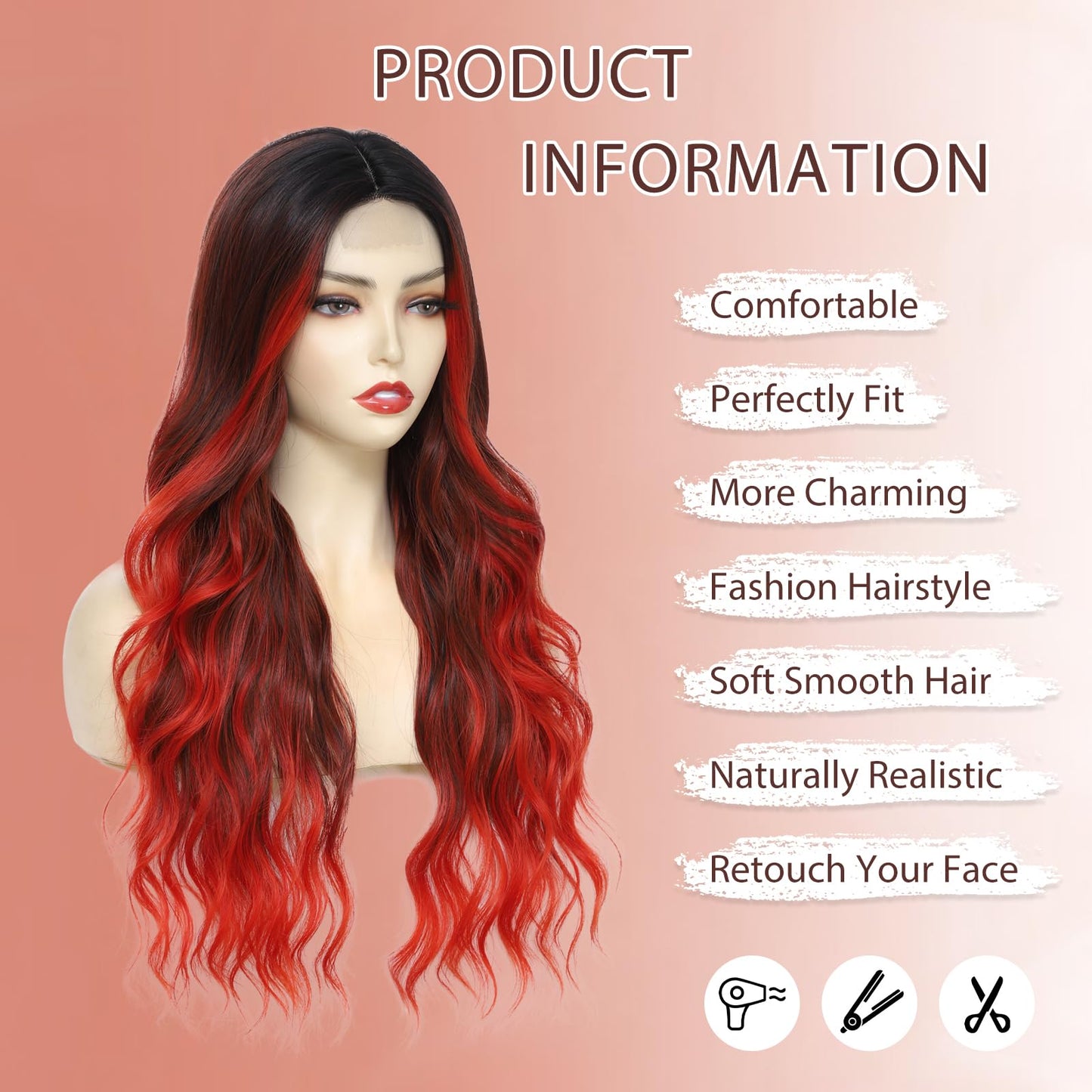 Angzon Long Red Wavy Wig for Women 26 Inch Ombre Red Middle Part Curly Synthetic Hair Wig Natural Look Heat Resistant Fiber for Daily Party Use
