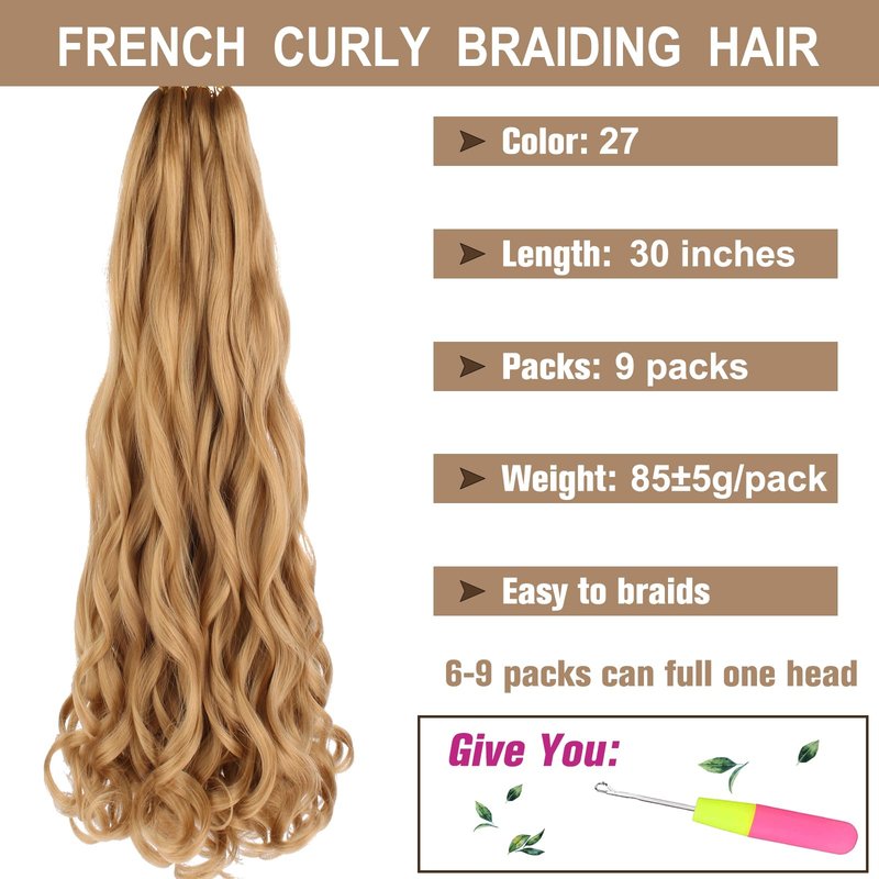 COOKOO 9 Packs 30 Inch Pre Stretched French Curly Braiding Hair Blonde 85g/pack Easy Braid Crochet Hair Big Wavy Braiding Hair Extentions for Senegalese Twist Hair 27#