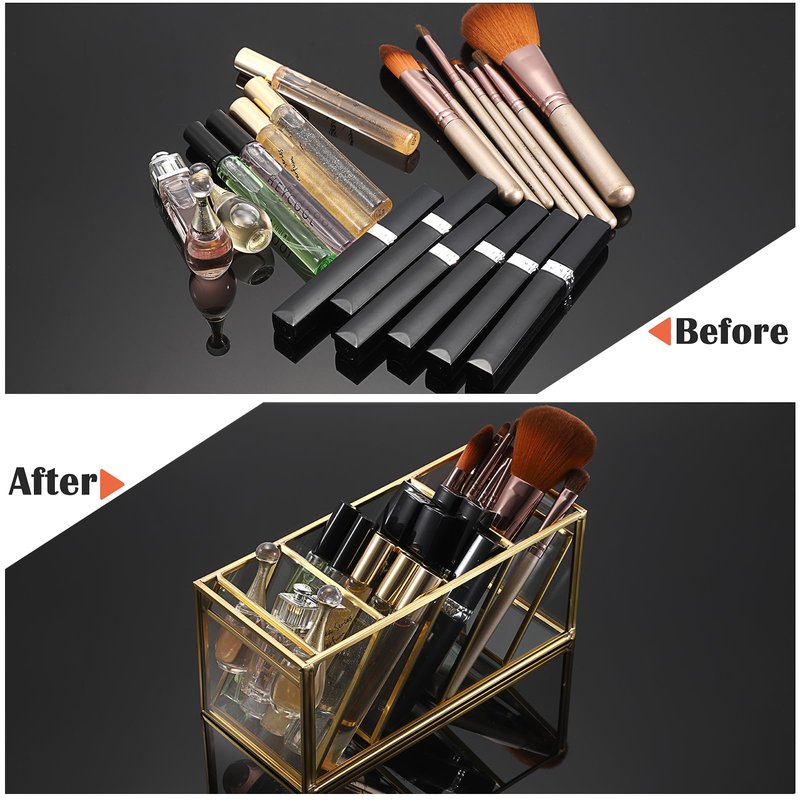 ELLDOO Rollerball Perfume Organizer, 4 Compartment Clear Glass Perfume Storage Holder Vintage Beauty Scent Holder, Metal Makeup Lipgloss Lipstick Display Case