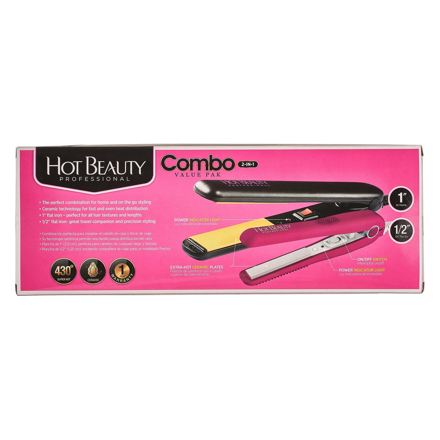 Hot Beauty Ceramic High Heat Level Flat Irons 2-in-1 Value Pack 1" and Mini 1/2" with Free Travel Pouch