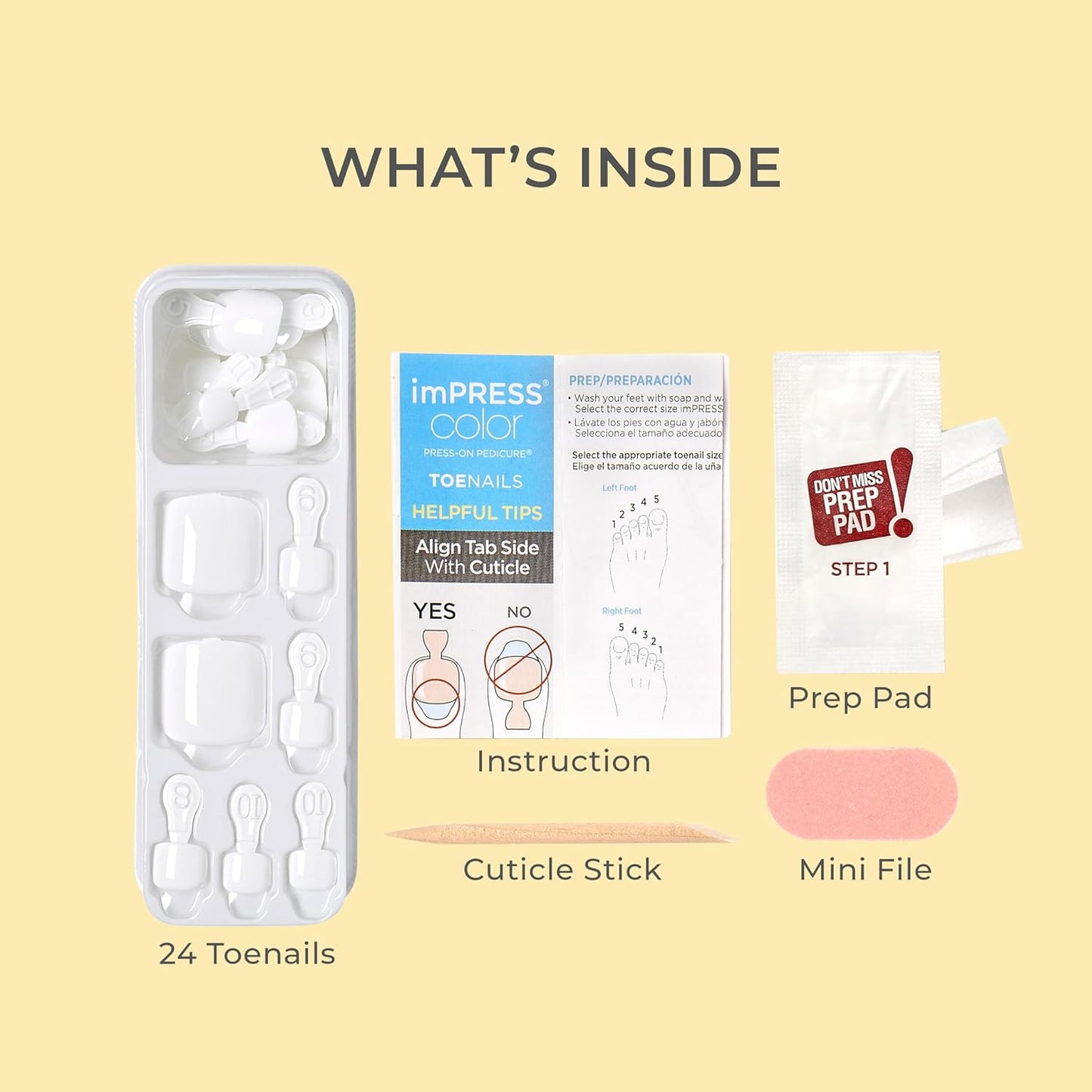 KISS imPRESS Pedicure Press On Toenails, 'Angel Vibes', White, Short Squoval, Pedicure Nail Kit Includes 24 Press On Toenails, Prep Pad, Mini Nail File, & Pedicure Stick