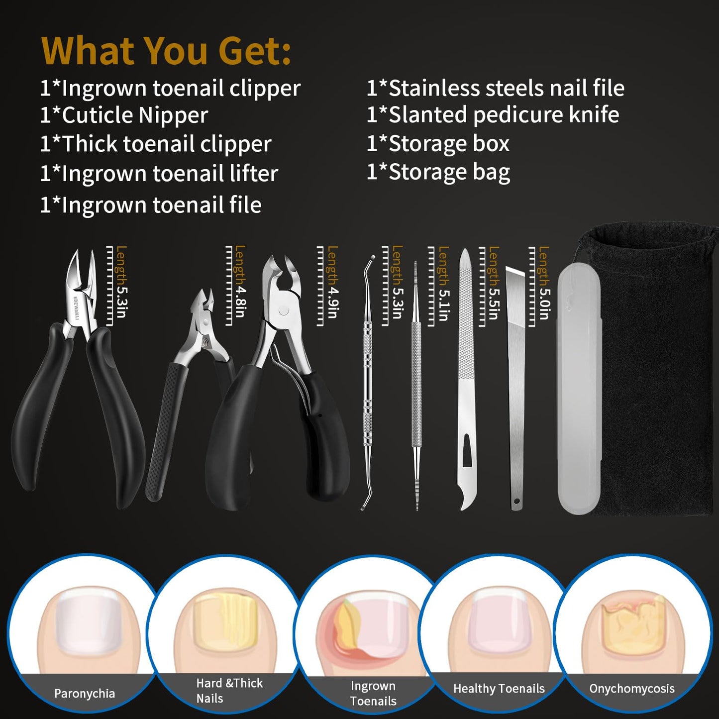 EBEWANLI Toe Nail Kit, 7PCS Pedicure Tools for Feet, Heavy Duty Toenail Clippers for Thick Toenails or Ingrown Toenail Removal, Professional Nail Nippers Cutters with Non-Slip Handle for Seniors