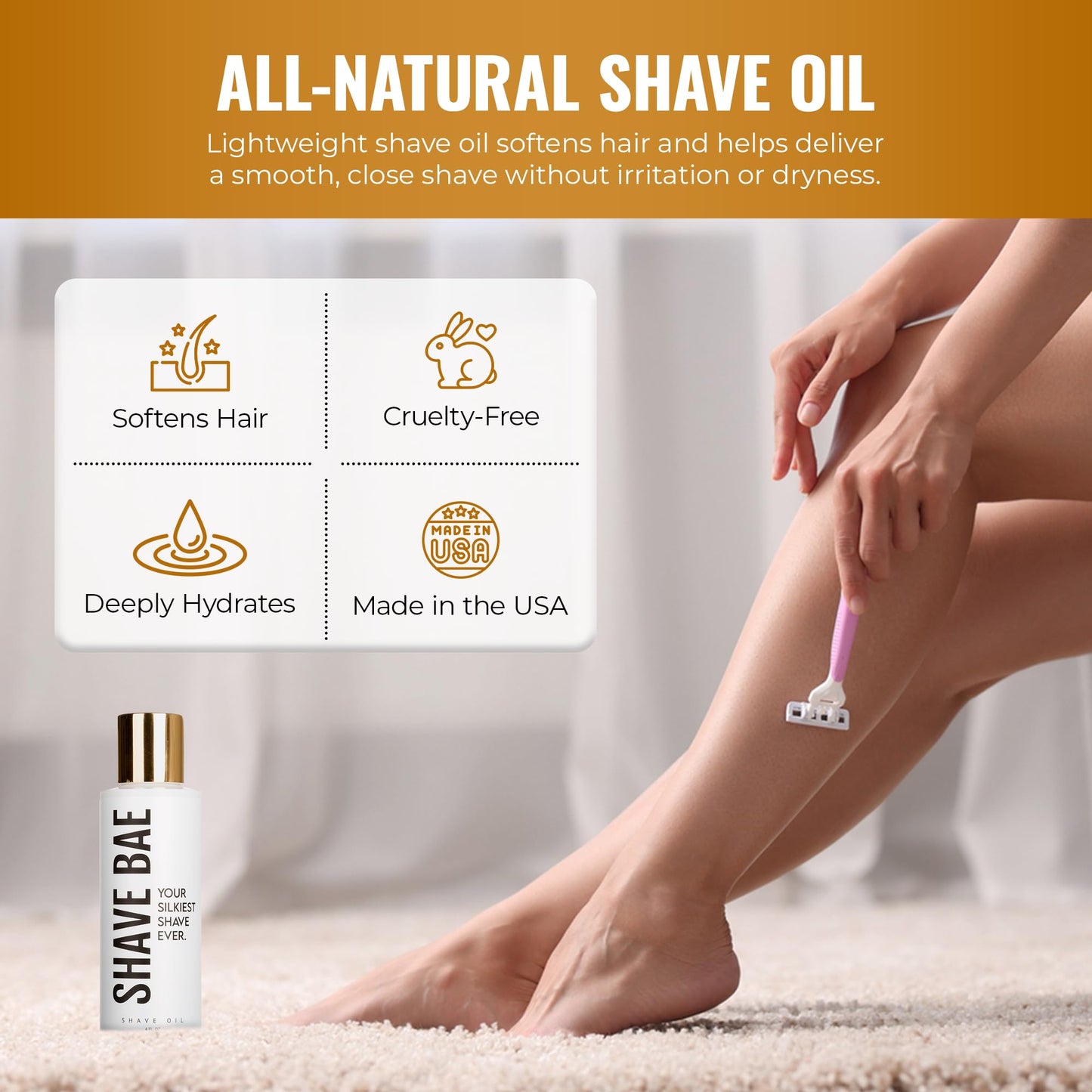 Shave Bae All-Natural Shave Oil – No Razor Burn or Bumps - Get a Silky Smooth Shave - Plant-Based, Nontoxic Shaving Oil Perfect for Bikini Body Beard | Made in USA, 4 Fl Oz