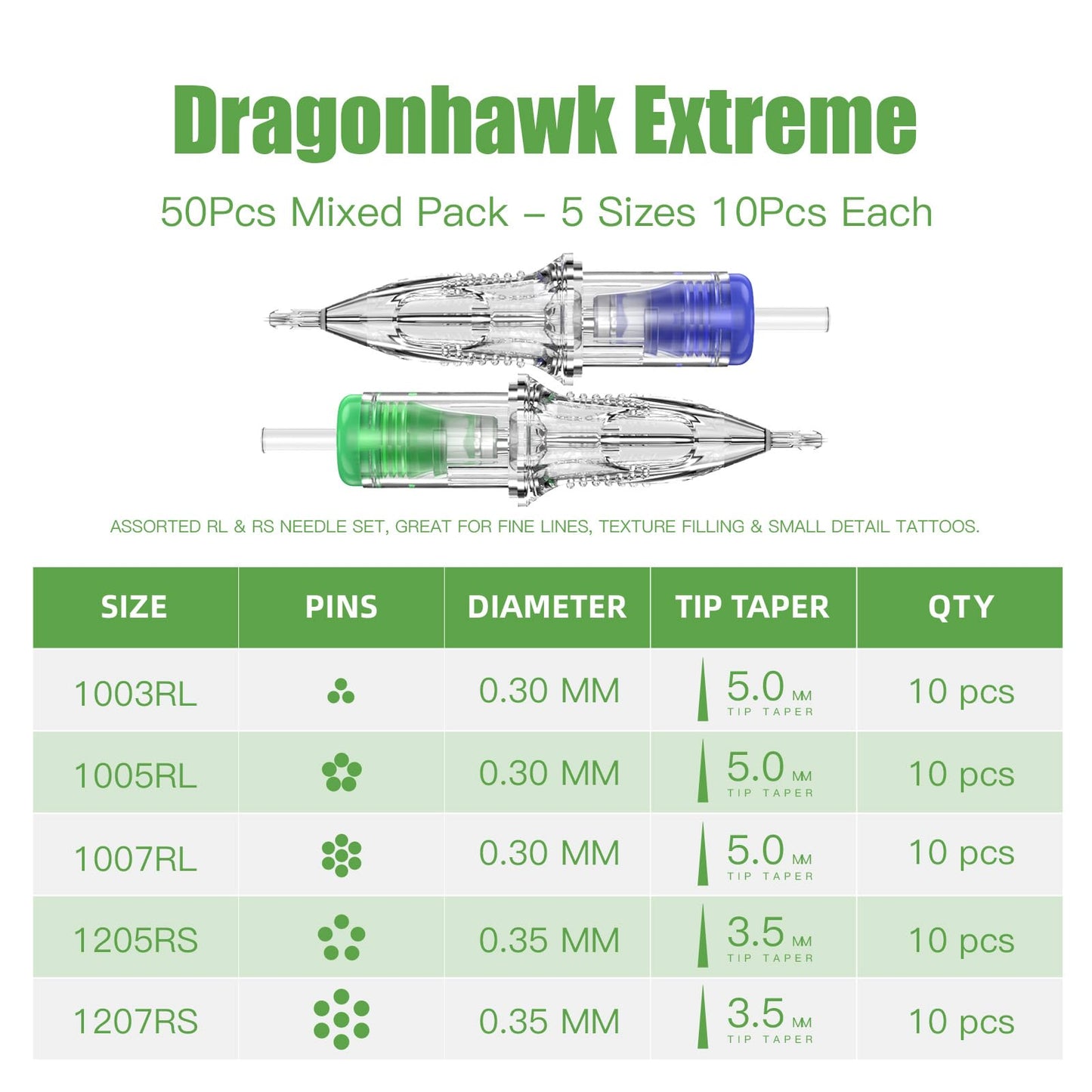 Dragonhawk Extreme 50Pcs Tattoo Needle Cartridges - Assorted Mixed Sizes 1003RL 1005RL 1007RL 1205RS 1207RS for Fine Line, Dotwork, Soft Shading Tattoos - Compatible with Most Rotary Tattoo Machines