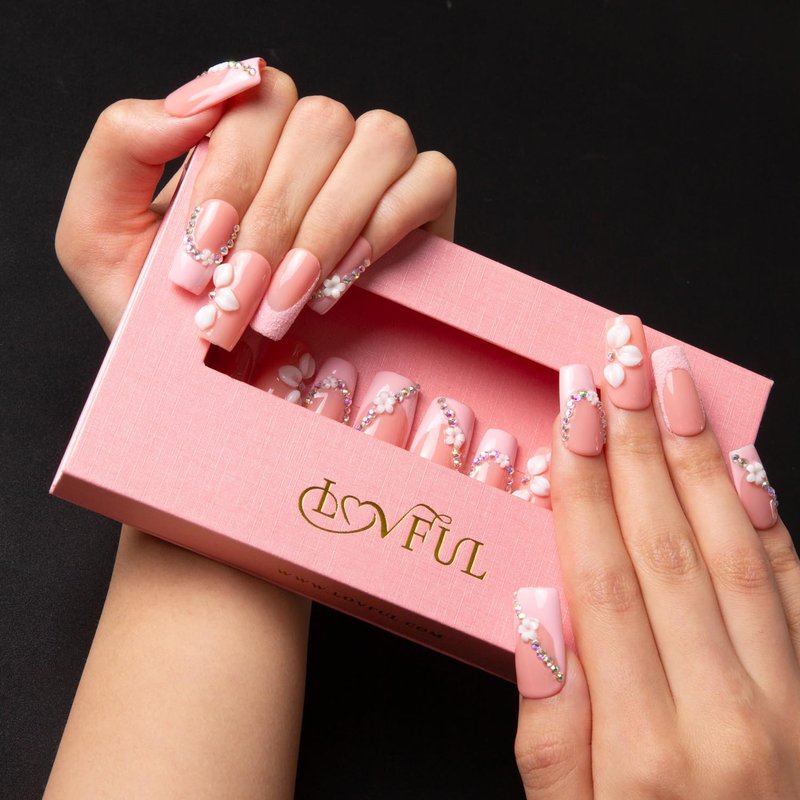 LOVFUL Press on Nails Pink Lady Handmade | Handmade with Full Covered Crystals | Reusable Fake Nails | Square Regular 1.0 in | H281-M