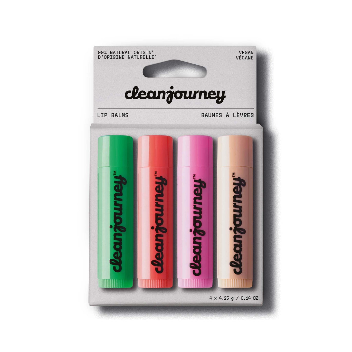 cleanjourney Lip Balm Set, 99% Natural Origin, Nourishes & Protects, Castor Oil, Coconut Oil & Shea Butter, EWG Verified, Vegan, For Dry Lips, Mint, Raspberry, Exotic & Coconut, 0.14 Oz (Pack of 4)