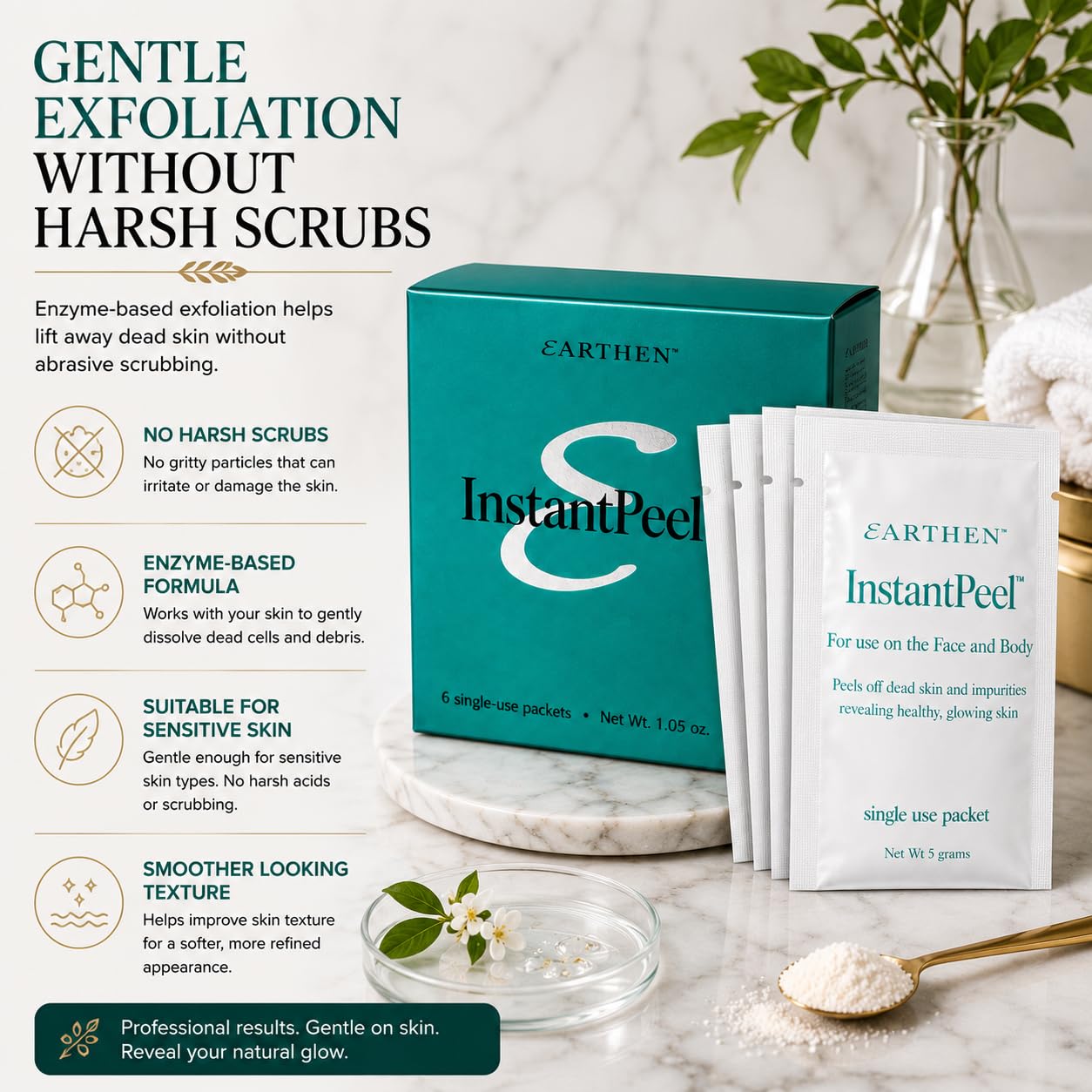 Earthen Instant Peel Exfoliating Packets 2 Pack – Gentle Face & Body Exfoliator for Smooth, Glowing Skin – Removes Dead Skin Cells Without Harsh Acids – Single Use Treatment, 12 Count Total