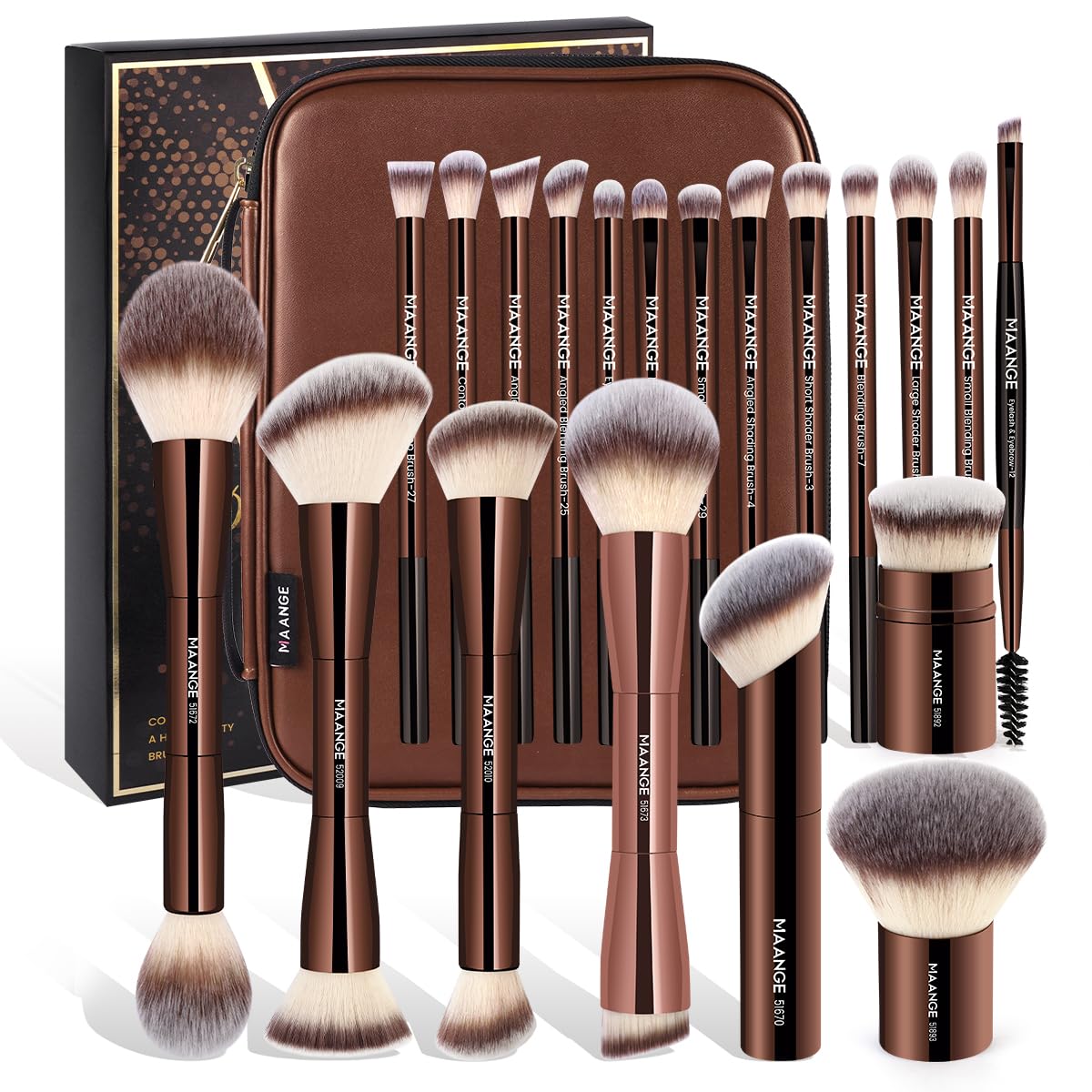 MAANGE 20 PCS Makeup Brush Set with Bag, Double-ended Kabuki Brush Foundation Contour Brush for Liquid Powder Concealer Eye Shadows Cream Cosmetics Blending Blush Face Makeup Tools with Case (Coffee)