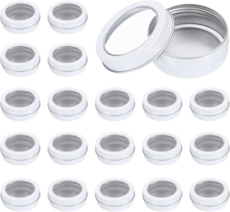 Aluminum Round Tin Cans - 2 Oz Travel-Sized Metal Containers with Clear Lid | 24 Pcs for Cosmetics, Balms, and Candles - White