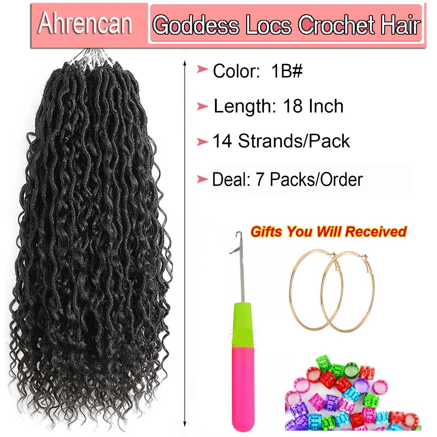 Ahrencan Boho Goddess Locs Crochet Hair 18 Inch, 7 Packs With Curly Ends, Soft Pre-Looped Hippie Locs for Women (18in, Pack of 7, 1B#)