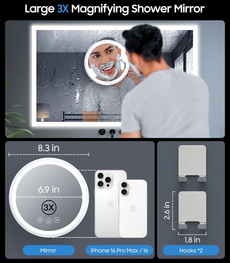 Gospire 3X Magnifying Heated Shower Mirror Fogless for Shaving, 5000mAh Battery, 360° Swivel & Magnetic Design, 8.3” Anti-Fog Shower Shaving Mirror with 3 Color Lights, Includes 2PCS Adhesive Hooks