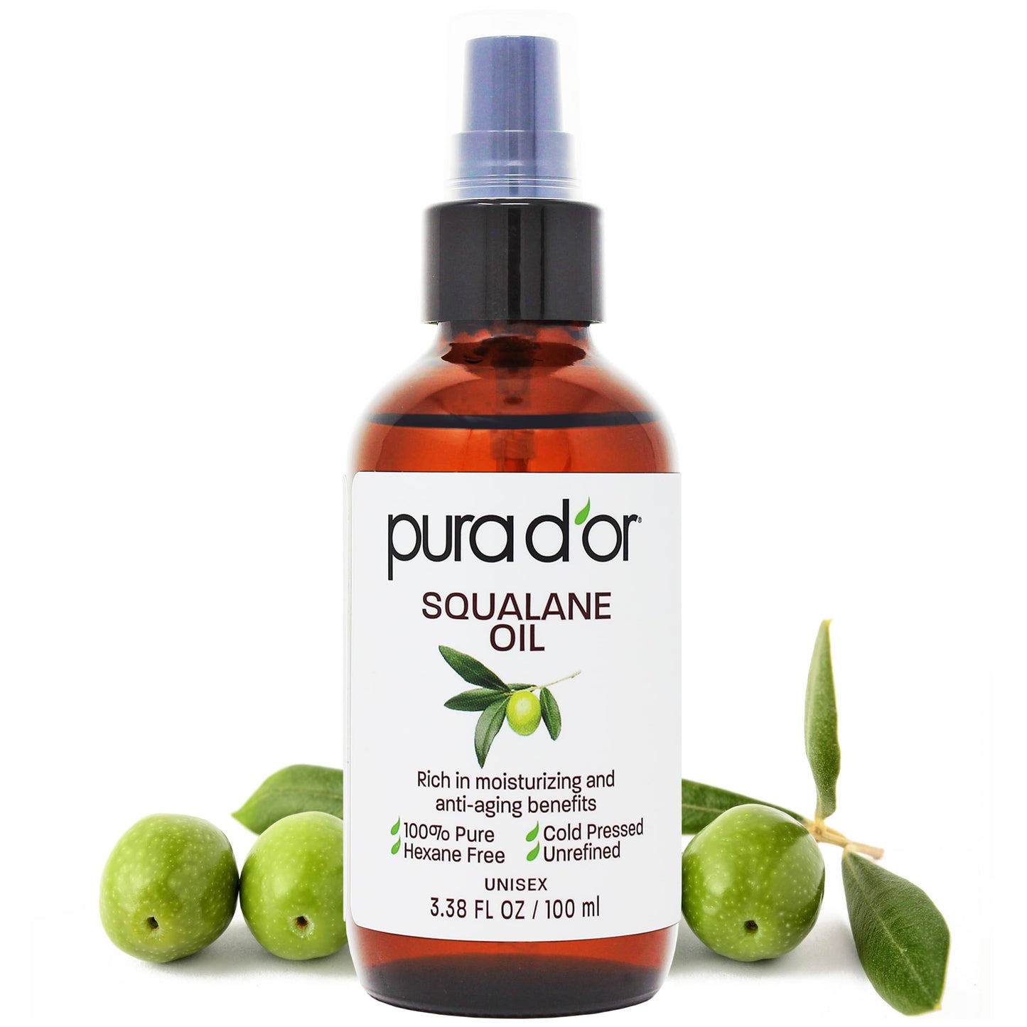 PURA D'OR 3.38 Oz Squalane Oil - Non-GMO 100% Pure & Natural - Moisturizer For Face, Hair And Body - Vegan, Cruelty-Free with Anti-Aging Benefits - Men & Women - Travel Size, Ayurvedic Skin Care