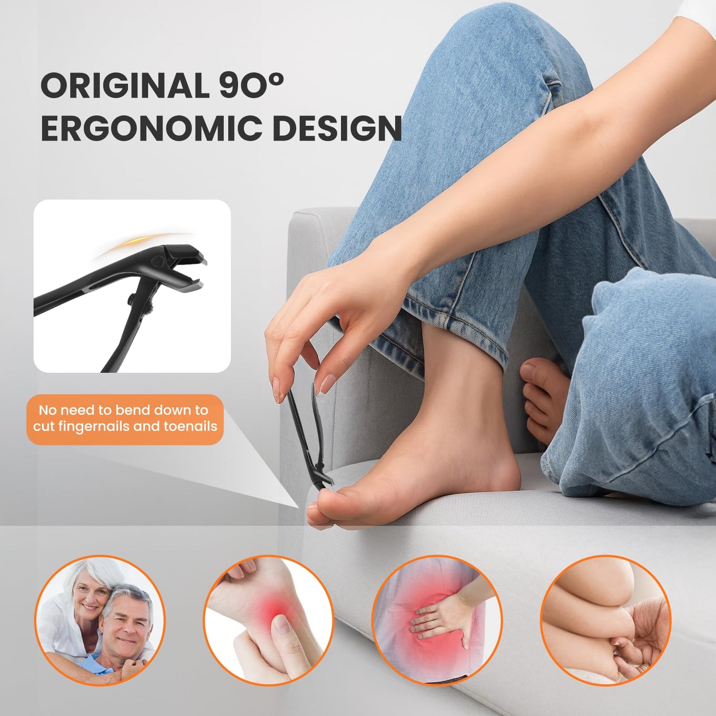Extended Toenail Clippers Set for Thick Toenails, Long Handled Toenail Clippers for Seniors, Wide Jaw Opening Fingernail Clippers with Catcher, Ergonomic Heavy Duty Cutter for Men Women