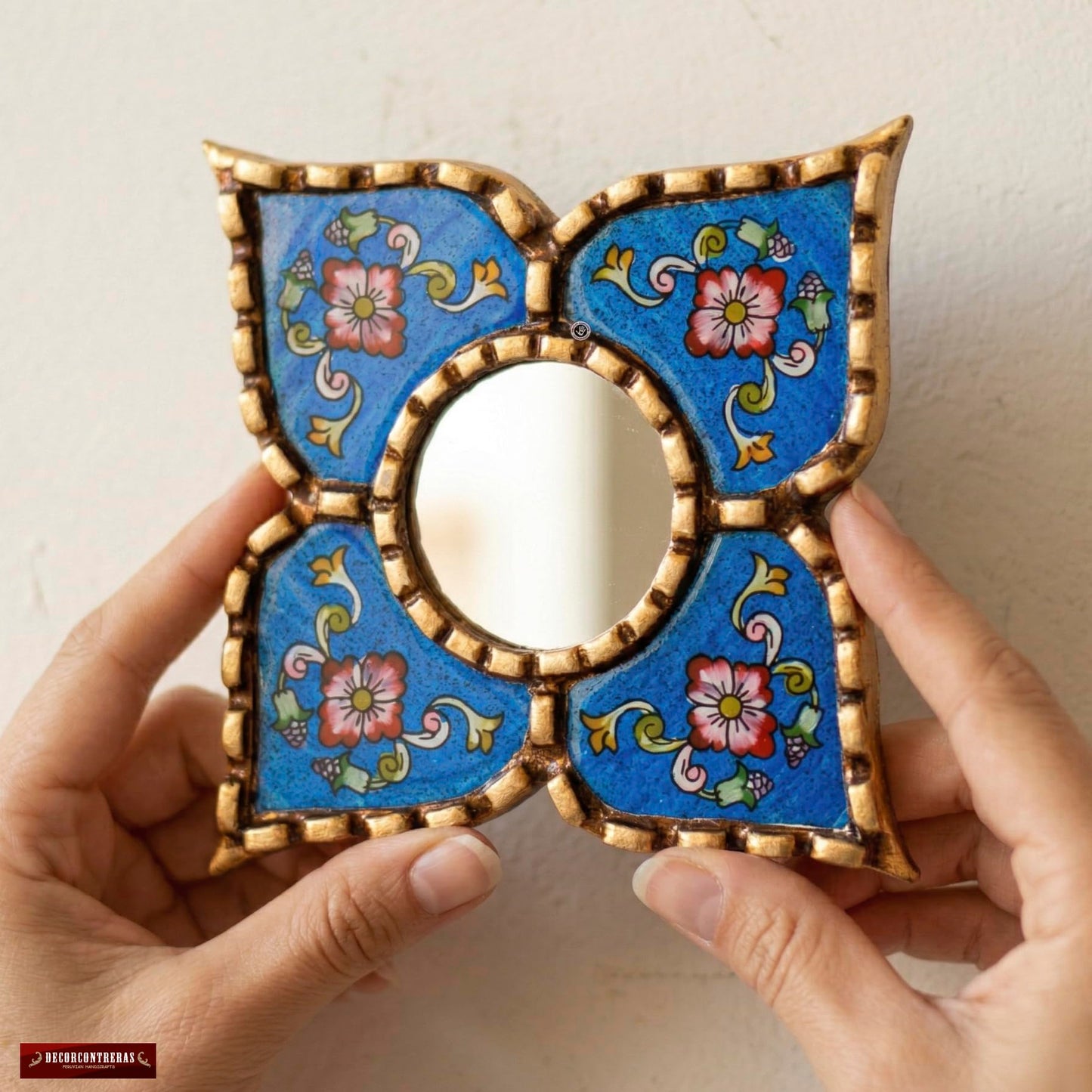 DecorContreras Peruvian Painted Glass Mirror with Bronze Leaf Framed - Handmade Diamond Mirror 6in for Gallery wall (Blue)