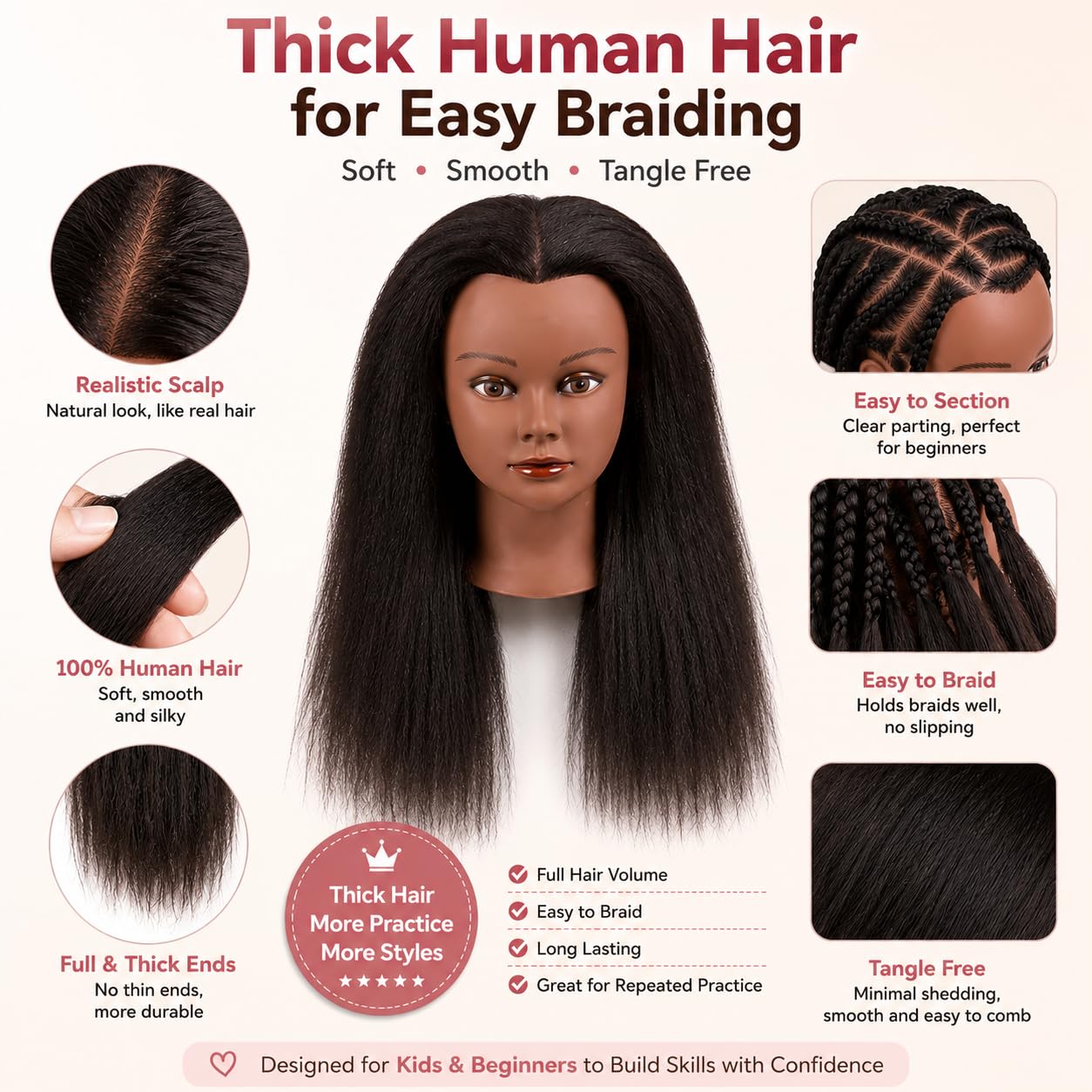 Morris Mannequin Head 100% Human Hair Training Head Kinky Curly Hair Hairdresser Manikin Head Cosmetology Doll Head for Hairdresser Practice Styling Braiding with Clamp Stand (16Inch)