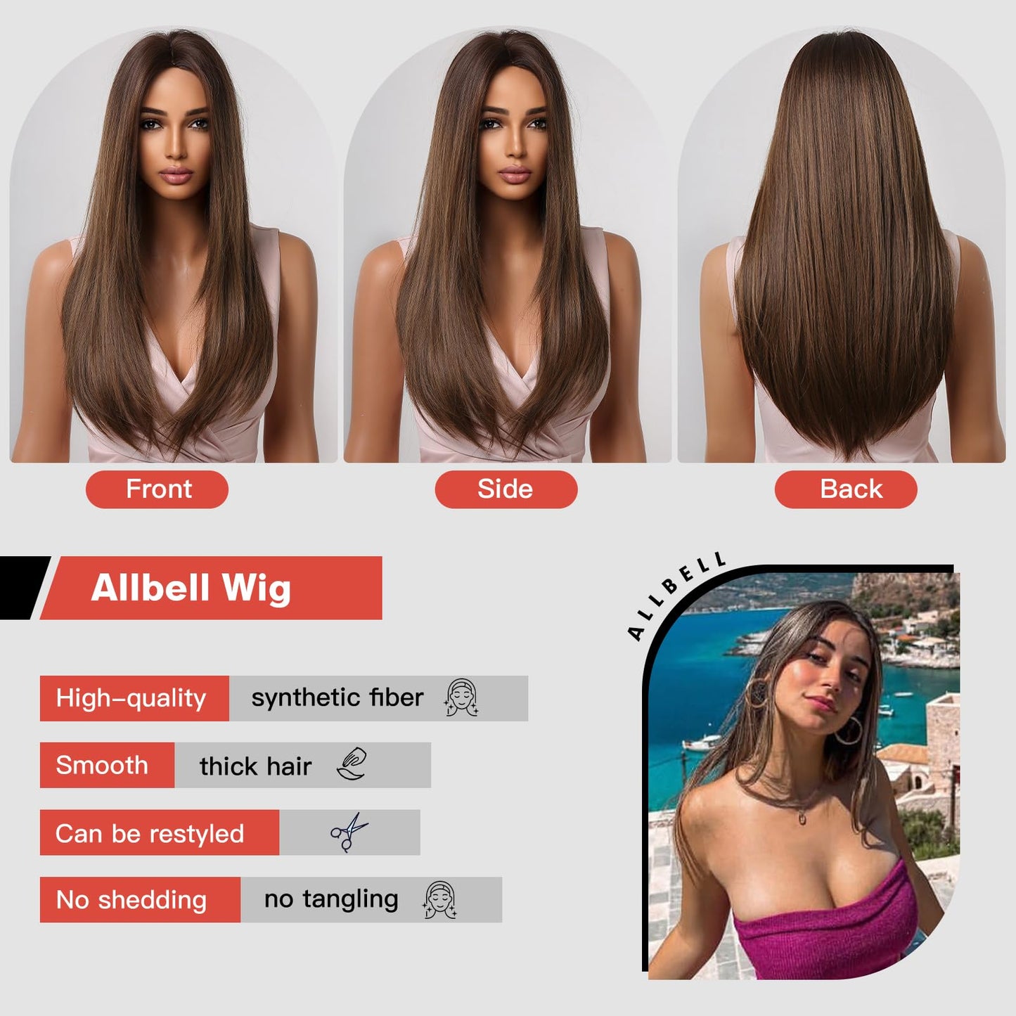 Allbell Brown Wigs for Women Long Straight Wig Layered Brown Hair Wig 24Inch Middle Part Dark Brown Wig Natural Heat Resistant Synthetic Fiber Wig for Party Halloween