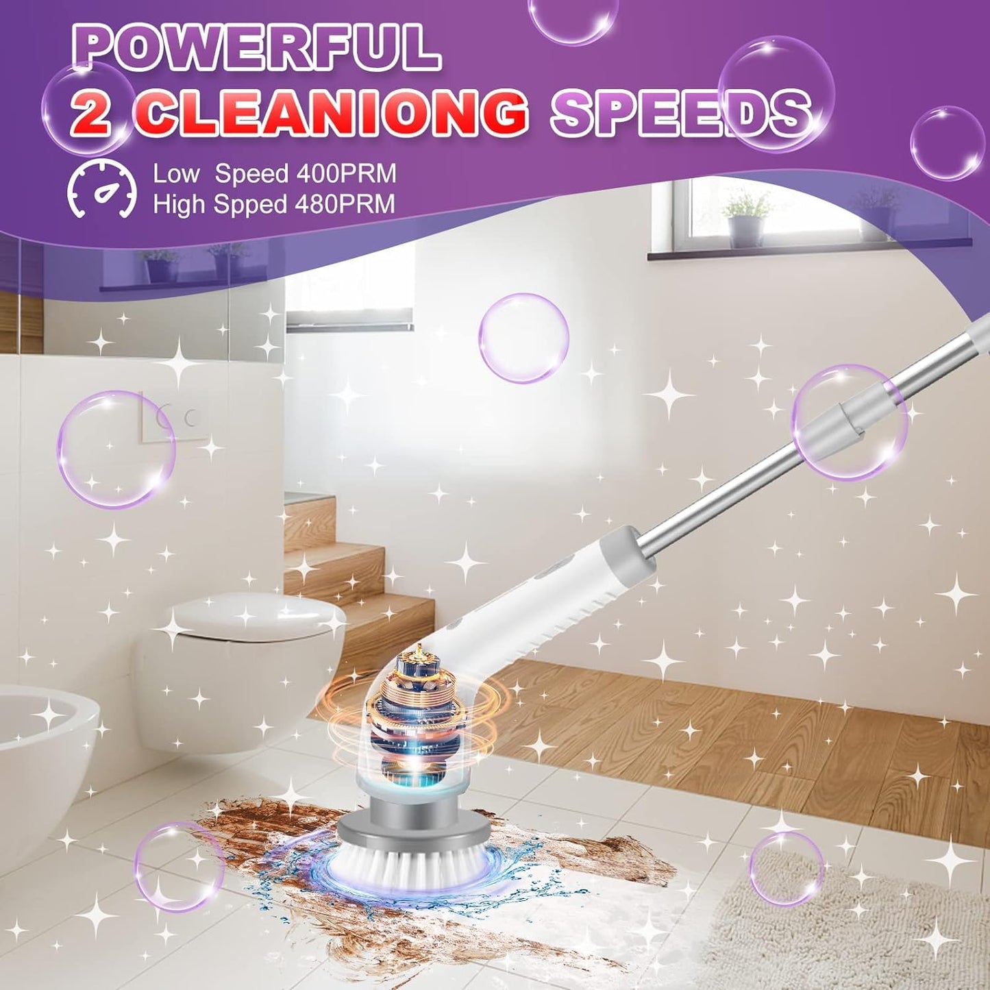 Electric Spin Scrubber, 1.5H Shower Scrubber with 7 Replaceable Brush Heads & Adjustable Extension Arm, Cordless Household Cleaning Brush for Bathroom Tub Tile Floor