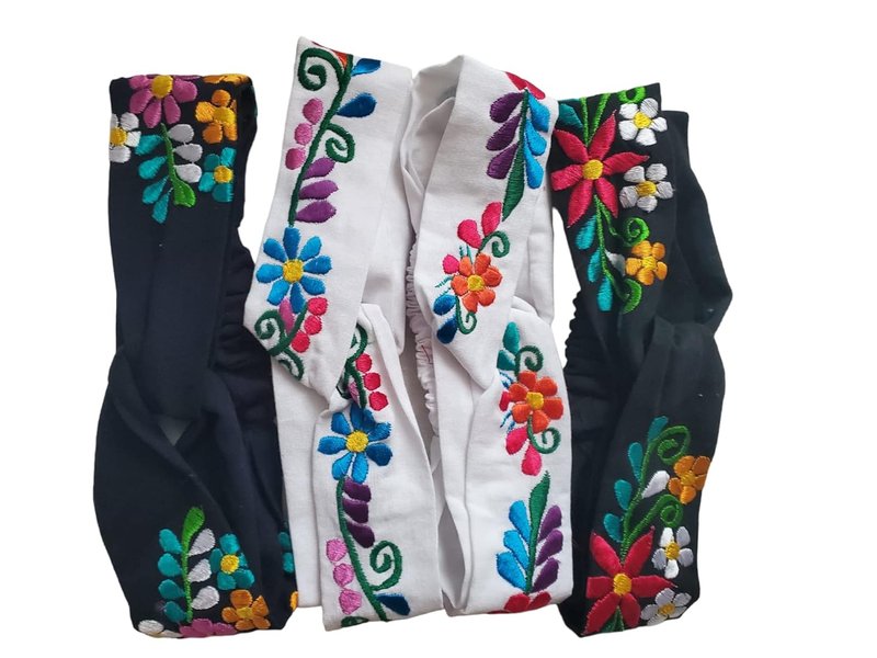 Colorful Mexican Flower Headband - Embroidered Boho Floral Accessory for Women | Black and White