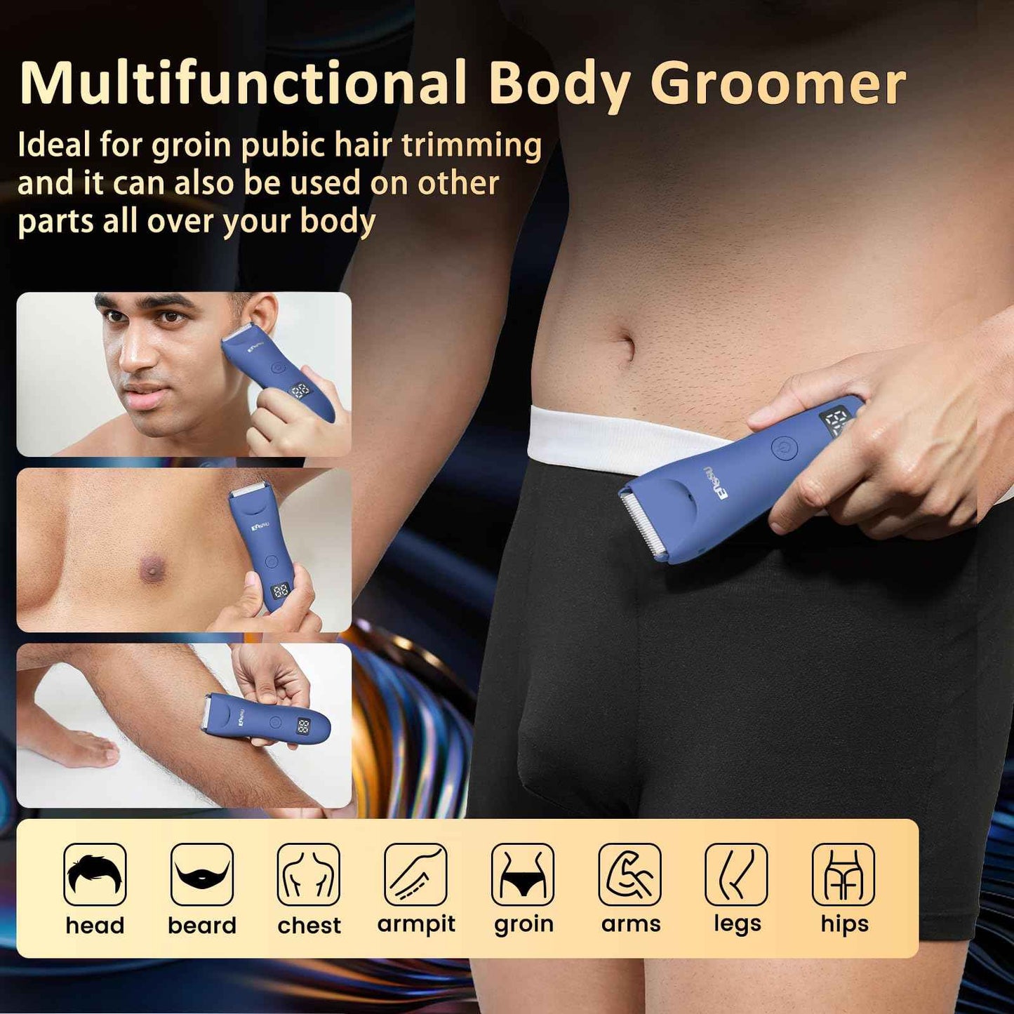 ENSSU Body Hair Trimmer for Men with Light, IPX7 Waterproof Ball Pubic Groin Hair Trimmer for Man with Ceramic Blade, Rechargeable Body Groomer for Men with Charing Dock,LED Display,Blue