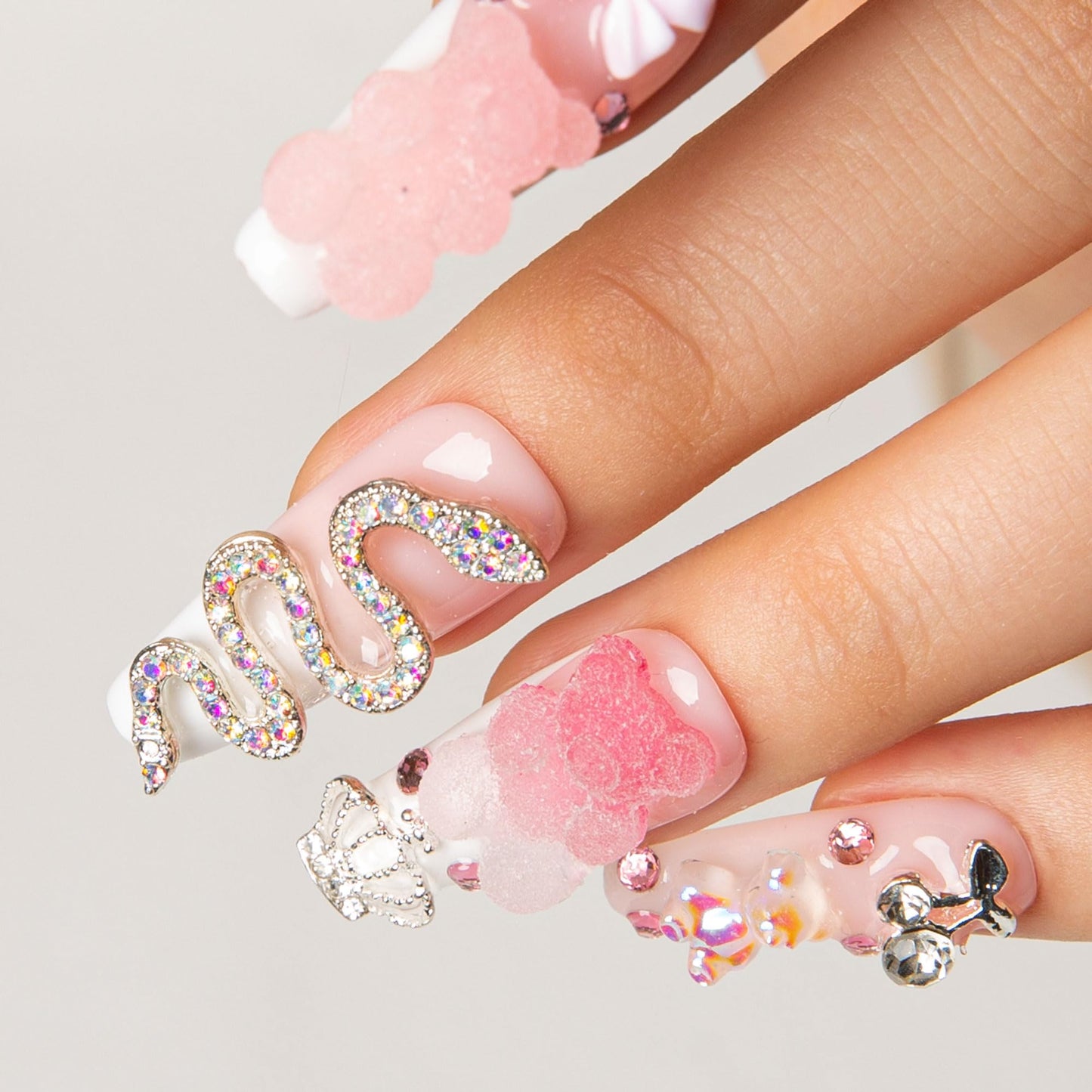 LOVFUL Press on Nails Marshmallo Gummy Bear Square | Handmade with Full Covered Crystals | Reusable Fake Nails | Coffin Classic Regular 1.3 in | H26-L