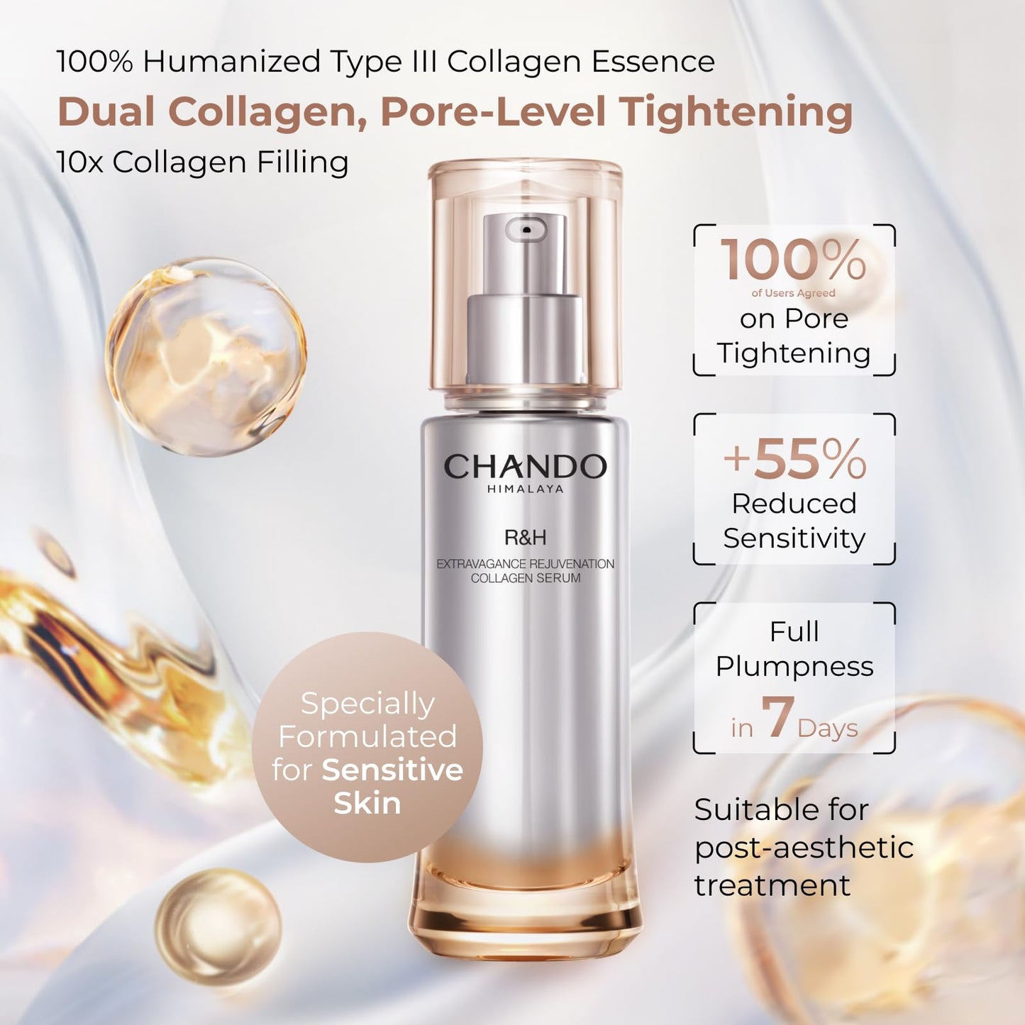 CHANDO Himalaya Extravagance Rejuvenation Collagen Serum (50ml/1.69oz) - Anti Aging Face Moisturizing Essence, Boosts Skin Elasticity and Reduces Fine Wrinkles
