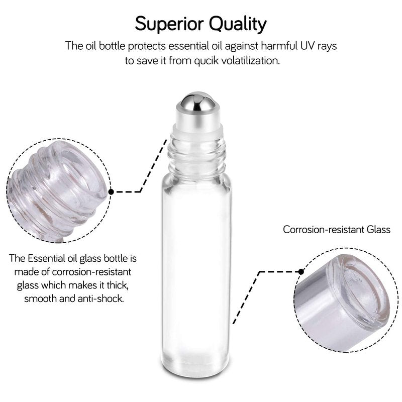 Essential Oil Roller Bottles - 10ml Clear Glass with Bamboo Lid | 24 Pack, Extra Accessories Included