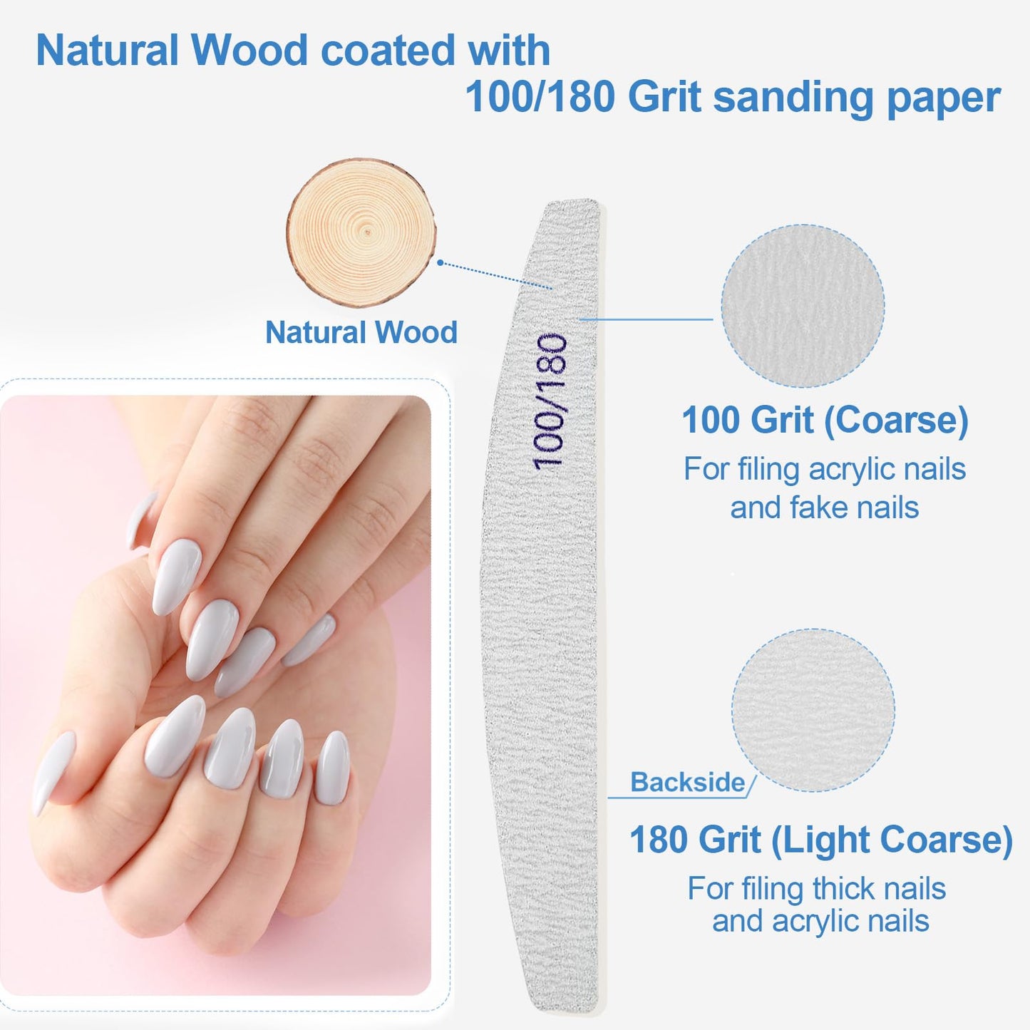 Nail Files (100 Pack), 100/180 Grit Wooden Emery Board Nail File Double Sided Wood Emory Fingernail Files for Natural Nails Professional Reusable Manicure Pedicure Curved