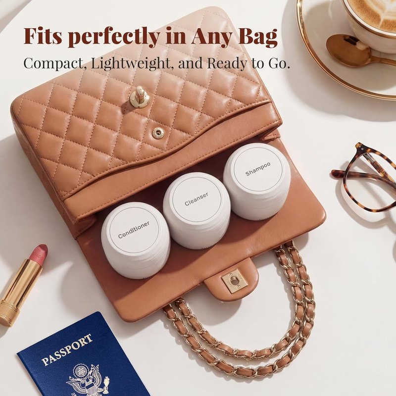 Travel Toiletry Containers - Ultra Leakproof TSA-Approved Hard Shell Jars | 3 Pack, 2oz, Beige with Magnetic Labels