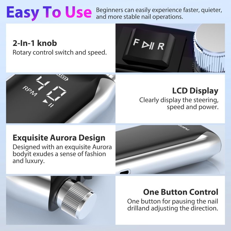 PURTATO Professional Nail Drill 40,000 RPM, Rechargeable,LCD Display E File Machine for Acrylic Nails Gel Polishing Removing Portable Nails Efile Tools for Manicure Salon & Home (Silver)