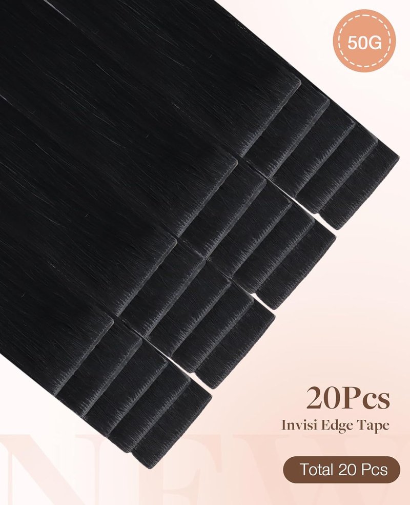 Invisi Edge Tape Hair Extensions - 20pcs Jet Black 14" Virgin Remy Human Hair | Seamless & Natural Look