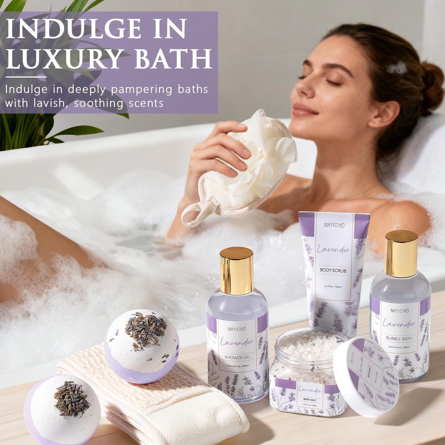 Mothers Day Birthday Gifts for Women, Lavender Relaxing Spa Gift Baskets for Women Self Care Package Bath Gift Set, Home Bath and Body Kit Pamper Gifts for Womens Her Mom Friends Wife Girlfriend Wife