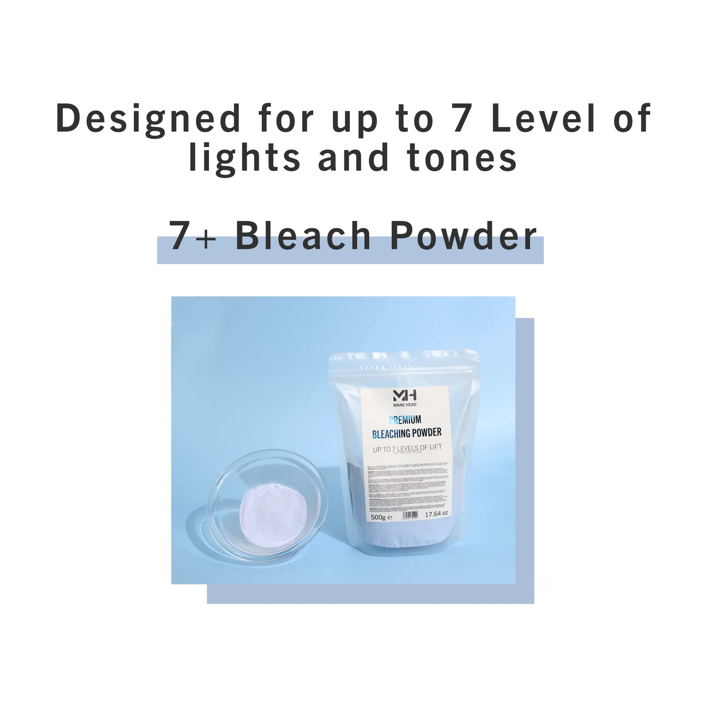 MANE HEAD Blue Premium Dust-Free Bleach Powder for Hair – Anti-Yellow Formula, Up to 7 Levels of Lift, Professional Hair Lightener & Bleach Powder – 17.64 oz / 500g