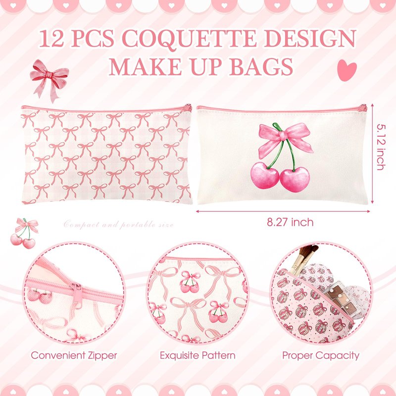 Chunful 12 Sets Coquette Bow Party Favors Includs Bow Canvas Makeup Bags with Zipper and Round Mini Compact Mirror for Women Baby Shower Quinceanera Girl Night Party Favors(Pink,Cute)
