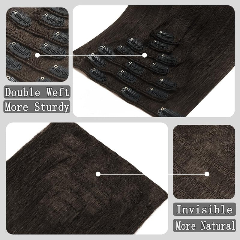 Real Human Hair Clip-In Extensions - 100% Brazilian Remy, Seamless & Invisible | 16 Inch, 7pcs, #2 Dark Brown