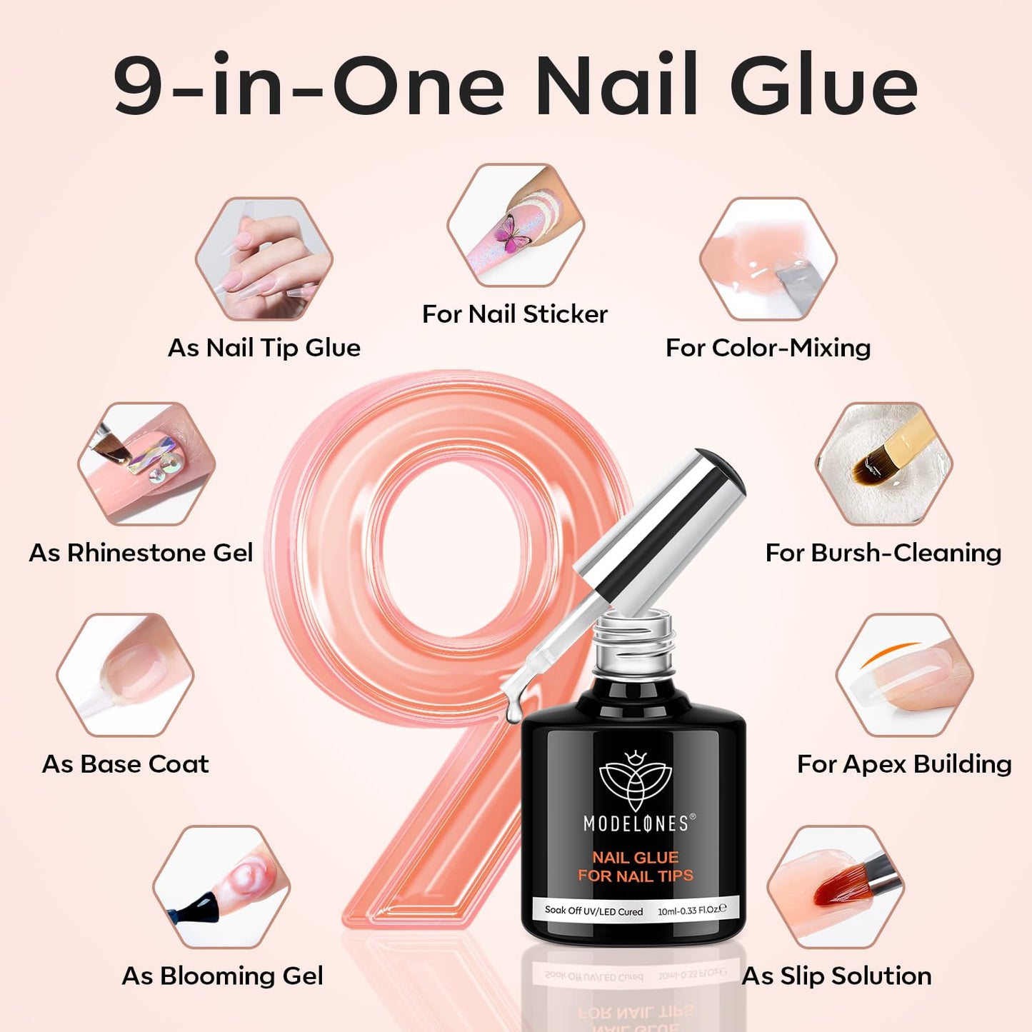 modelones X Nail Gel Kit Short Almond, 9-in-One Nail Glue UV Light