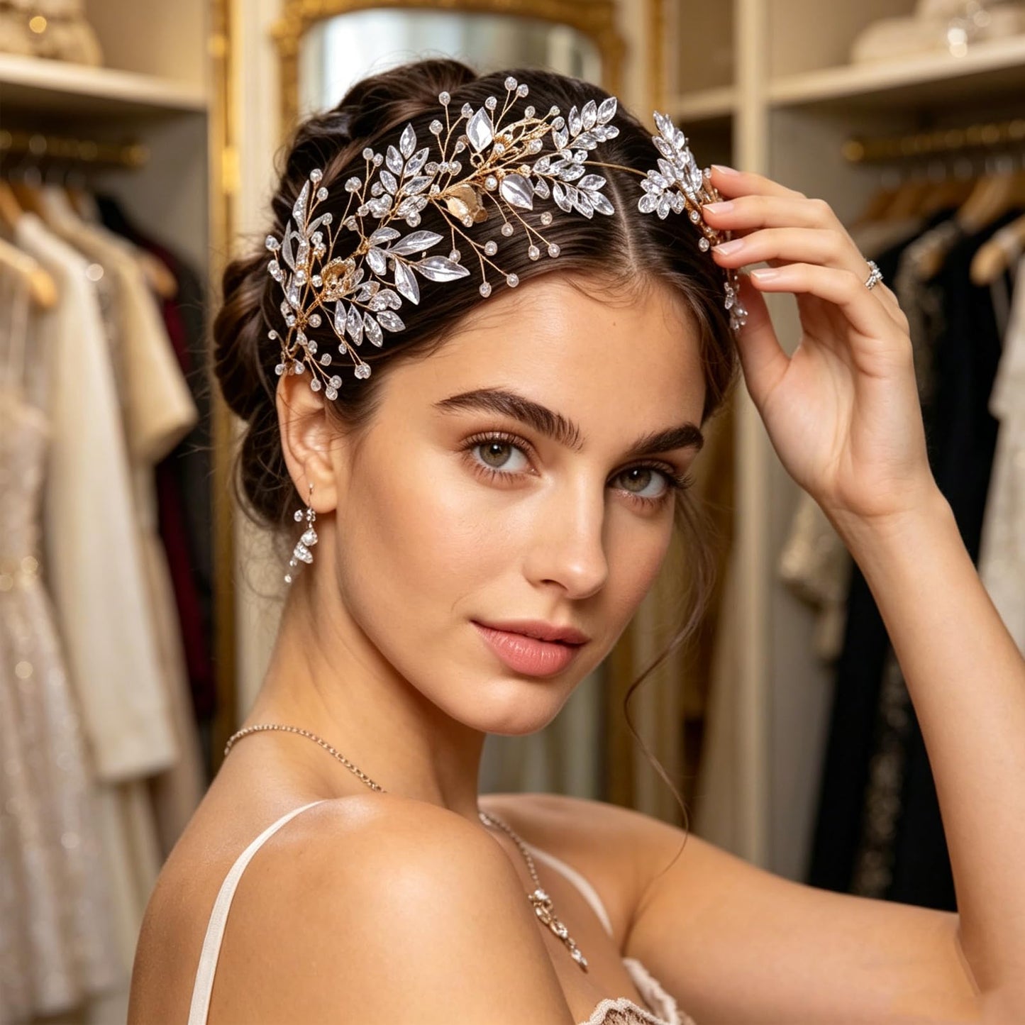 LOVFOIVER Rhinestone Wedding Headband Handmade Leaf Crystal Bridal Headpieces for Wedding Hair Accessories for Brides and Bridesmaid (Gold)