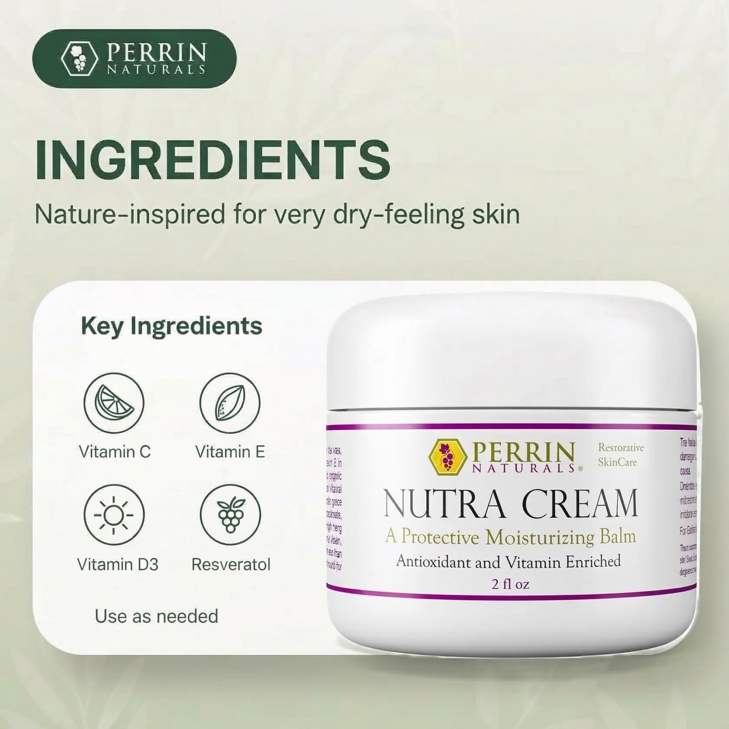 Perrin Naturals Nutra Cream – Concentrated Balm for Dry Cracked Heels & Hands | Foot & Hand Repair Cream | Skin Barrier Support | Aloe Vera, Grape Seed Extract, Vitamins C E D3, 2 oz